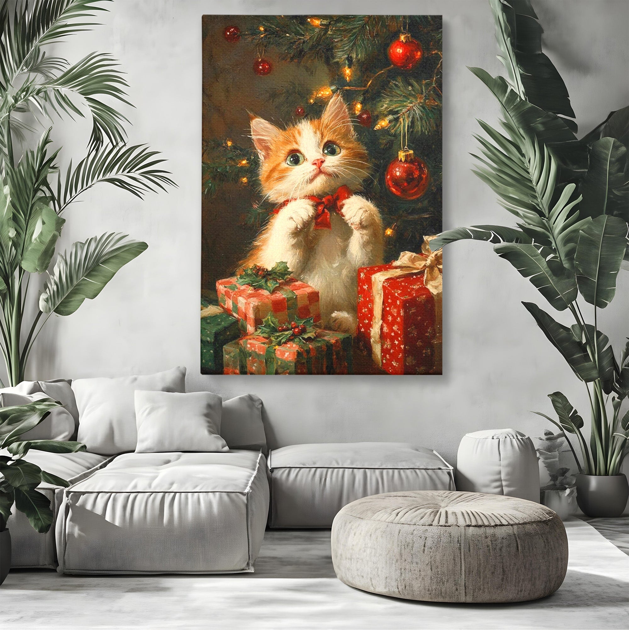 Tablou Canvas Premium LuxCanva® PI1242, Pisicuta De Craciun,Labute, Felina, Cadouri, Brad, Living, Culori Vibrante