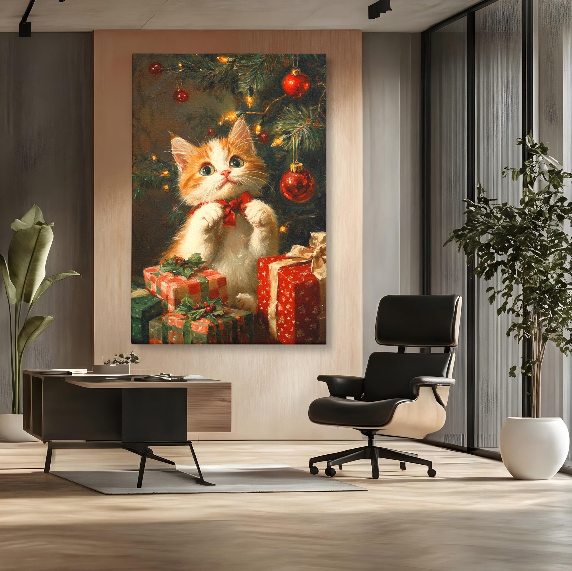 Tablou Canvas Premium LuxCanva® PI1242, Pisicuta De Craciun,Labute, Felina, Cadouri, Brad, Living, Culori Vibrante