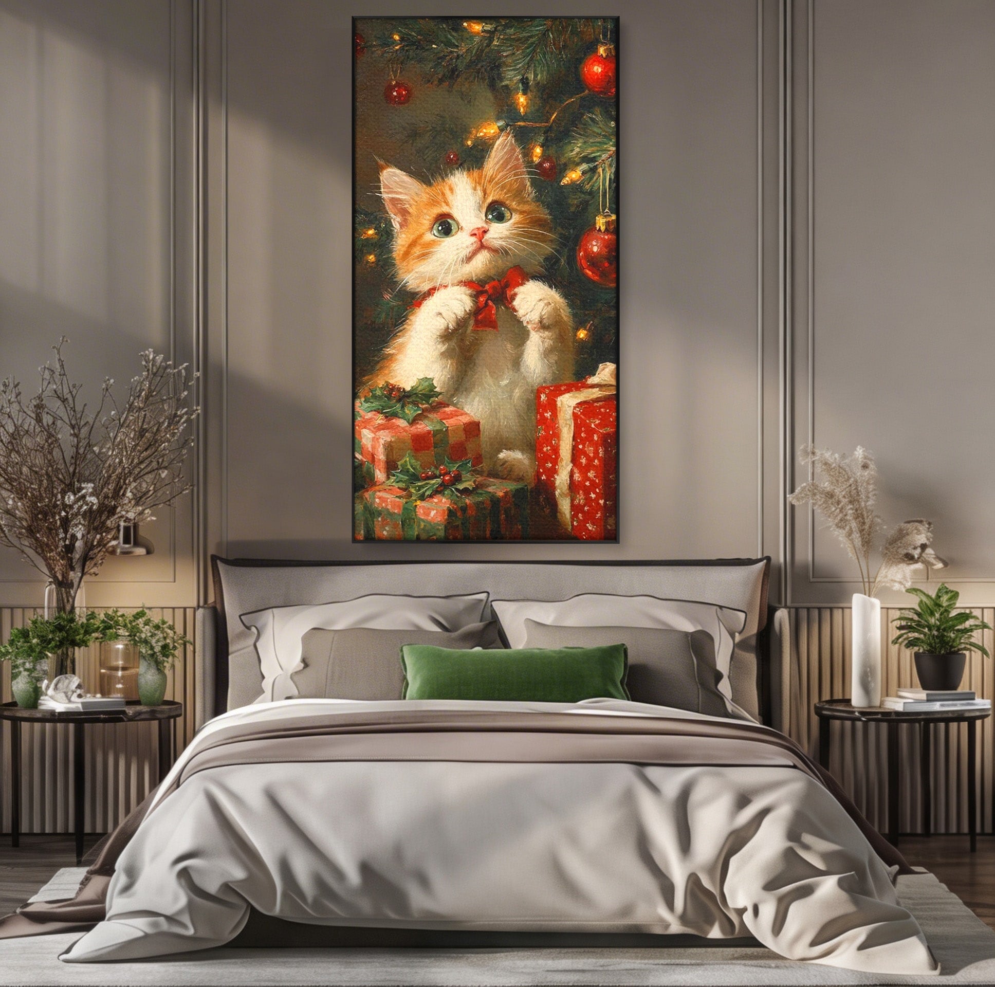 Tablou Canvas Premium LuxCanva® PI1242, Pisicuta De Craciun,Labute, Felina, Cadouri, Brad, Living, Culori Vibrante