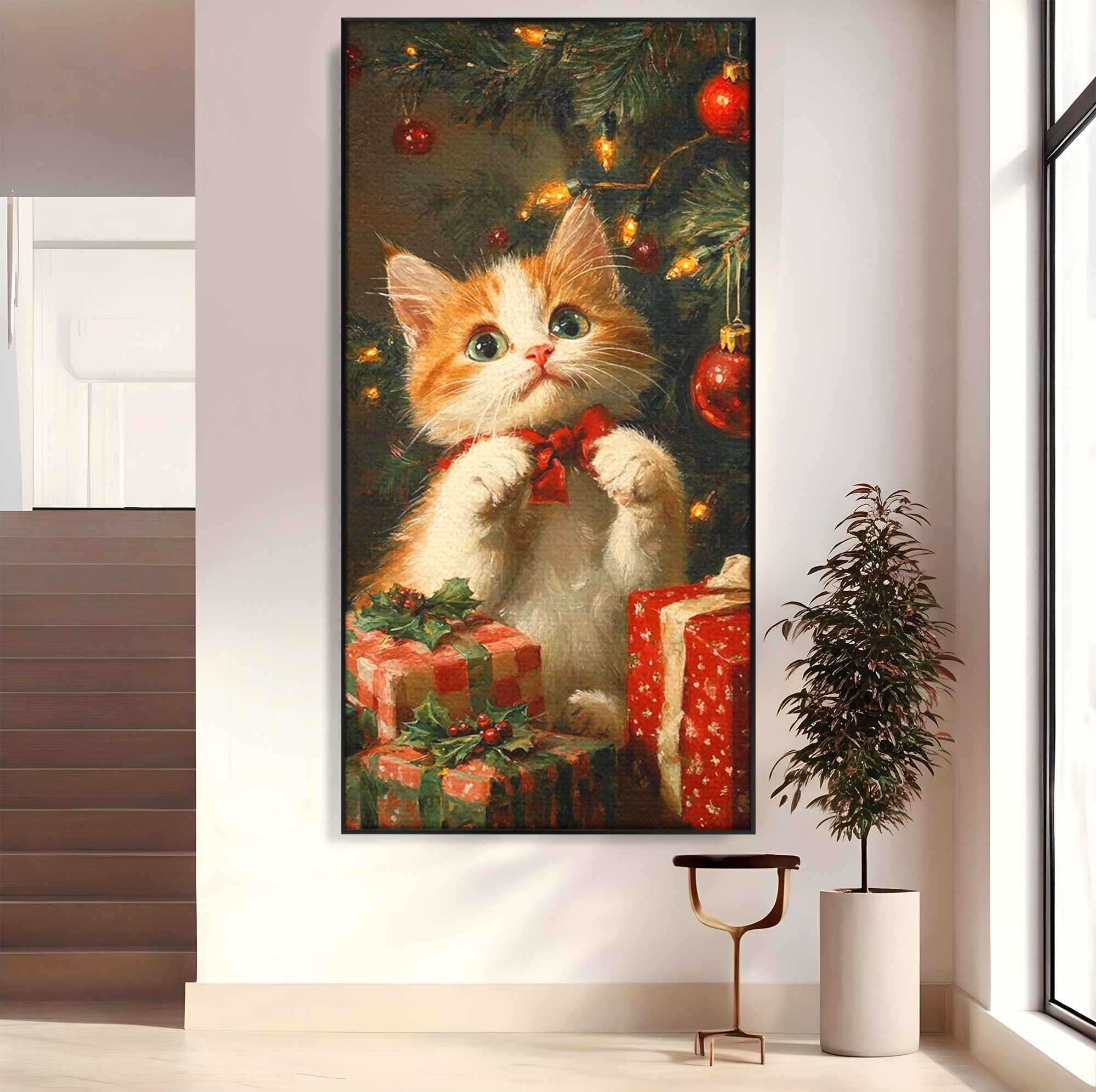Tablou Canvas Premium LuxCanva® PI1242, Pisicuta De Craciun,Labute, Felina, Cadouri, Brad, Living, Culori Vibrante