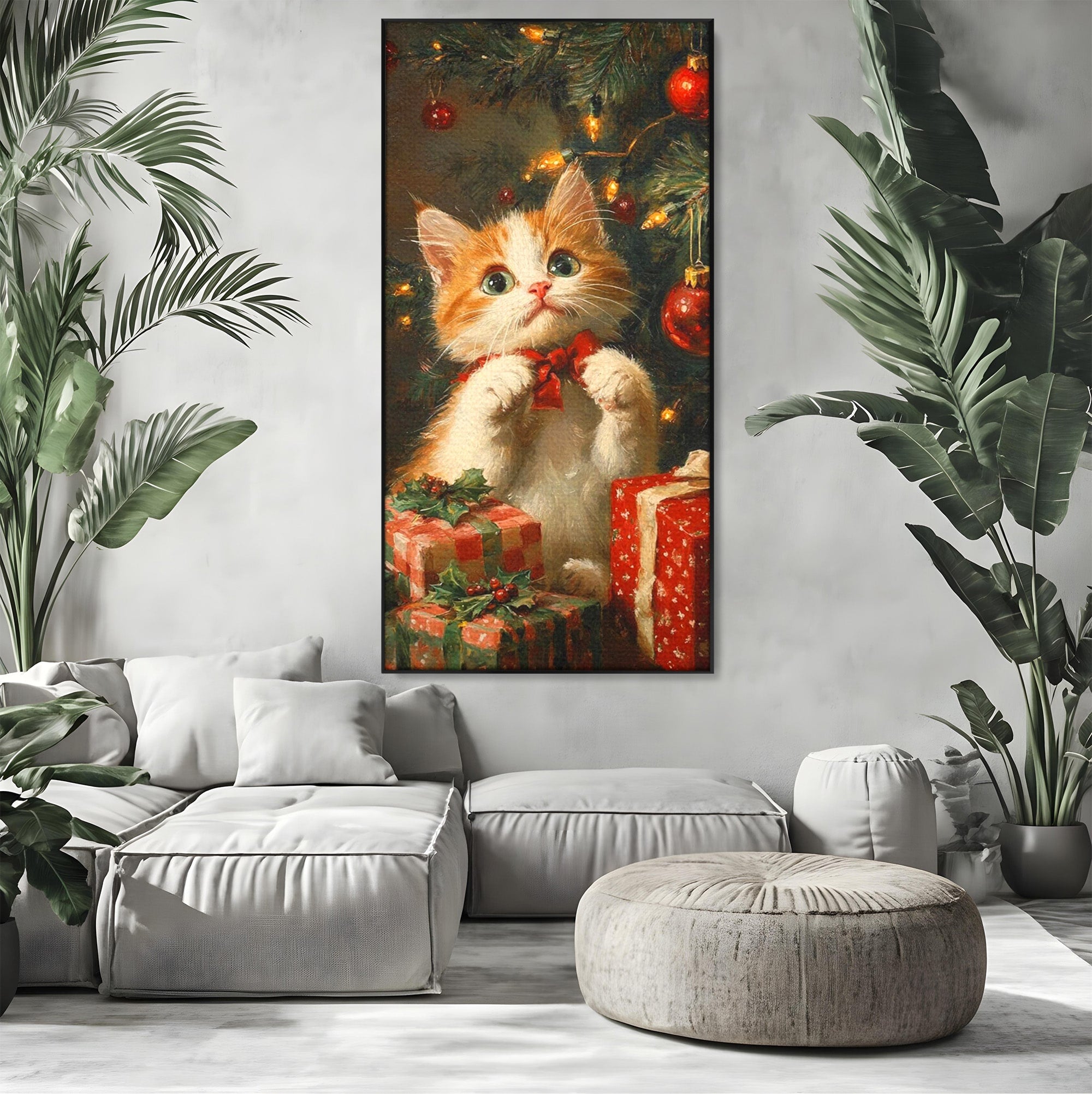Tablou Canvas Premium LuxCanva® PI1242, Pisicuta De Craciun,Labute, Felina, Cadouri, Brad, Living, Culori Vibrante