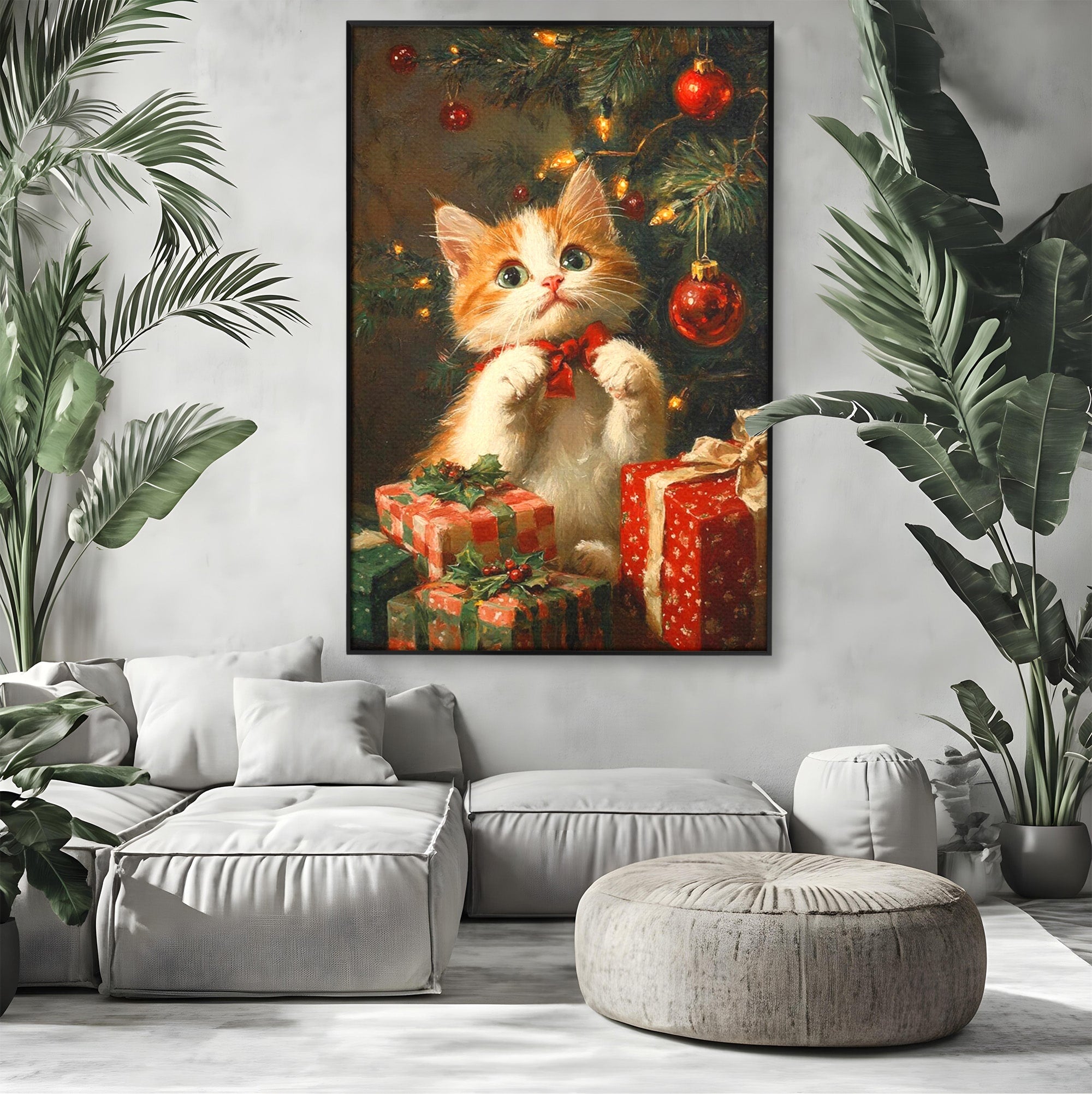 Tablou Canvas Premium LuxCanva® PI1242, Pisicuta De Craciun,Labute, Felina, Cadouri, Brad, Living, Culori Vibrante