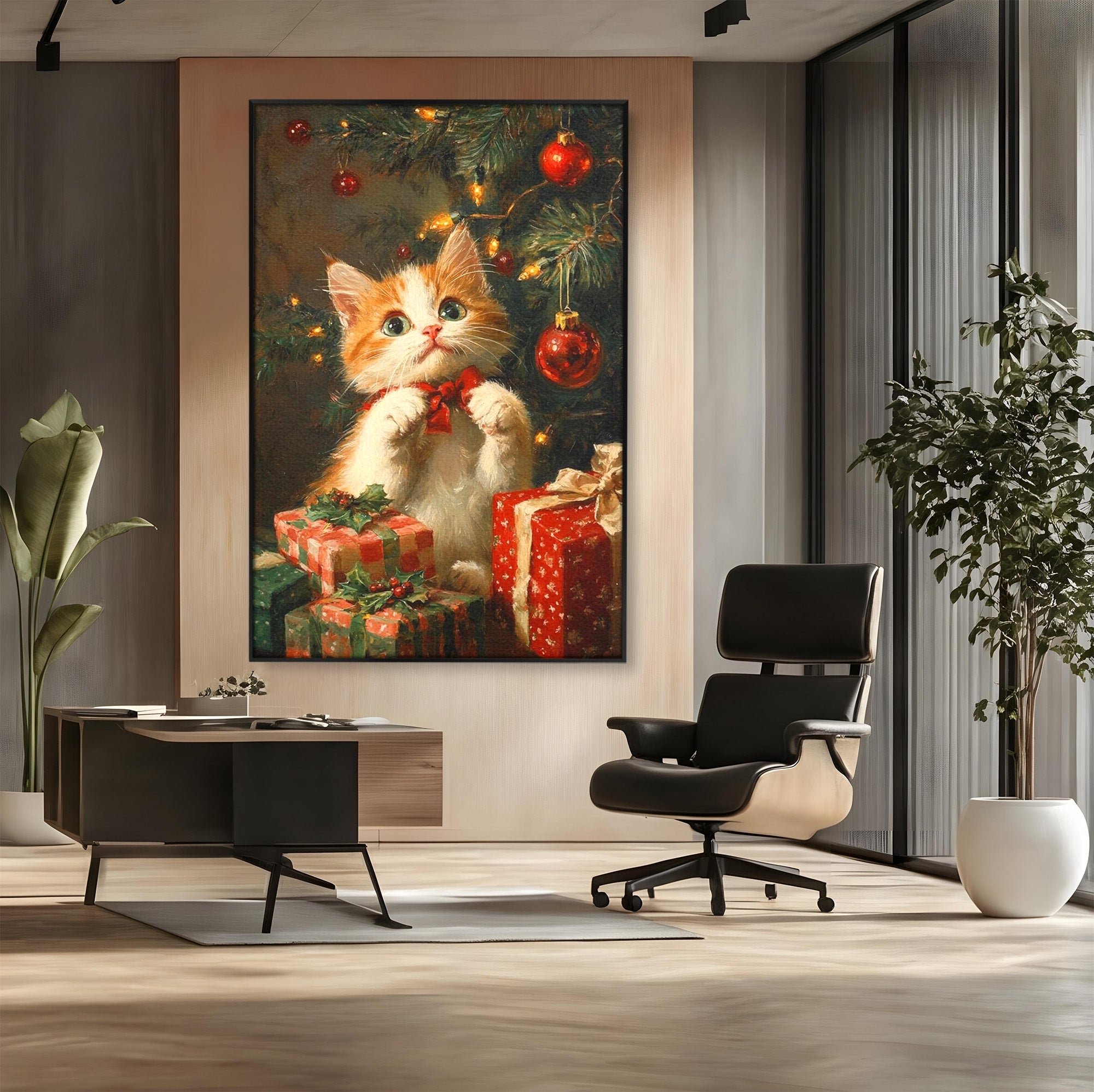 Tablou Canvas Premium LuxCanva® PI1242, Pisicuta De Craciun,Labute, Felina, Cadouri, Brad, Living, Culori Vibrante