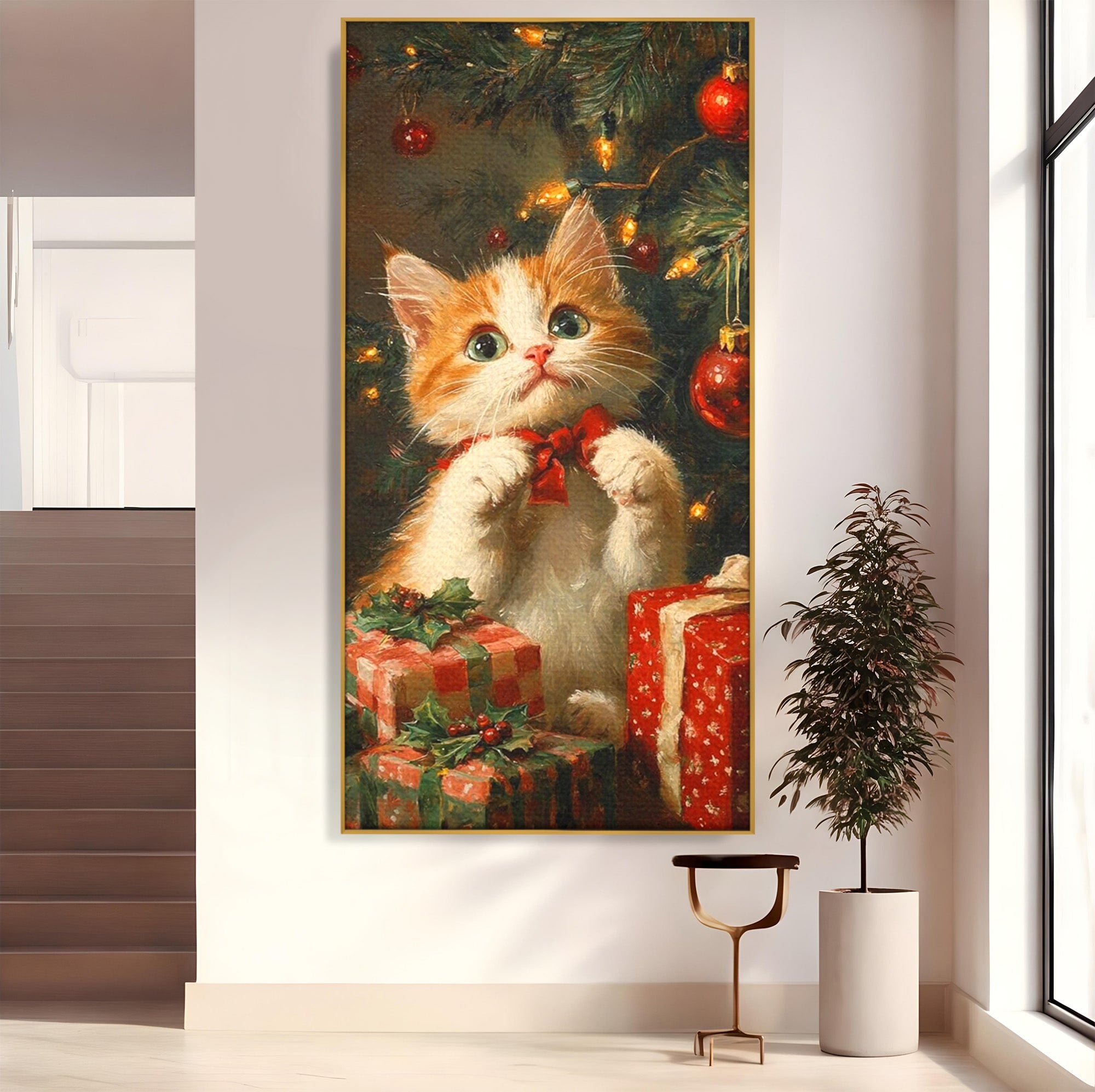 Tablou Canvas Premium LuxCanva® PI1242, Pisicuta De Craciun,Labute, Felina, Cadouri, Brad, Living, Culori Vibrante
