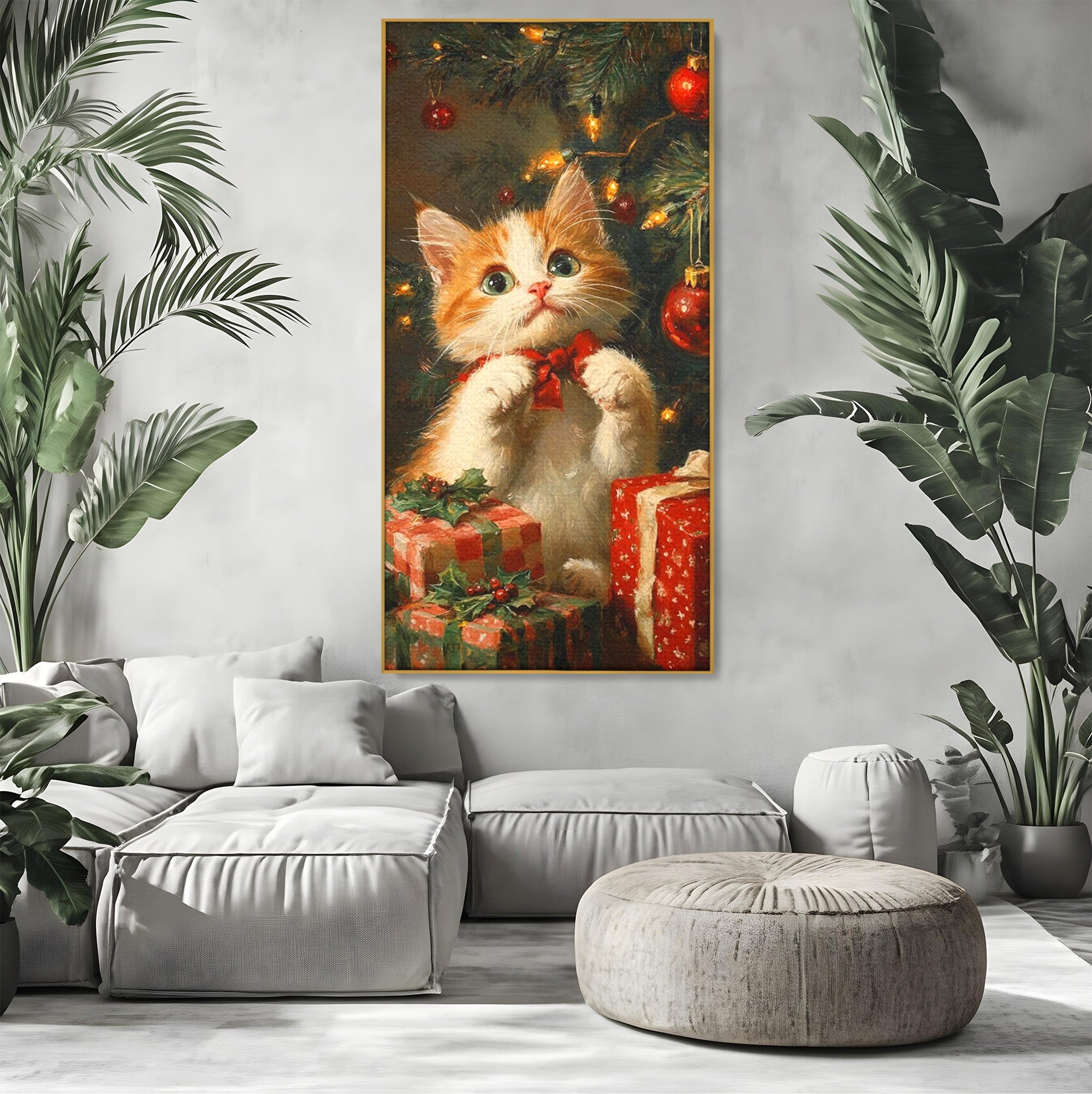 Tablou Canvas Premium LuxCanva® PI1242, Pisicuta De Craciun,Labute, Felina, Cadouri, Brad, Living, Culori Vibrante