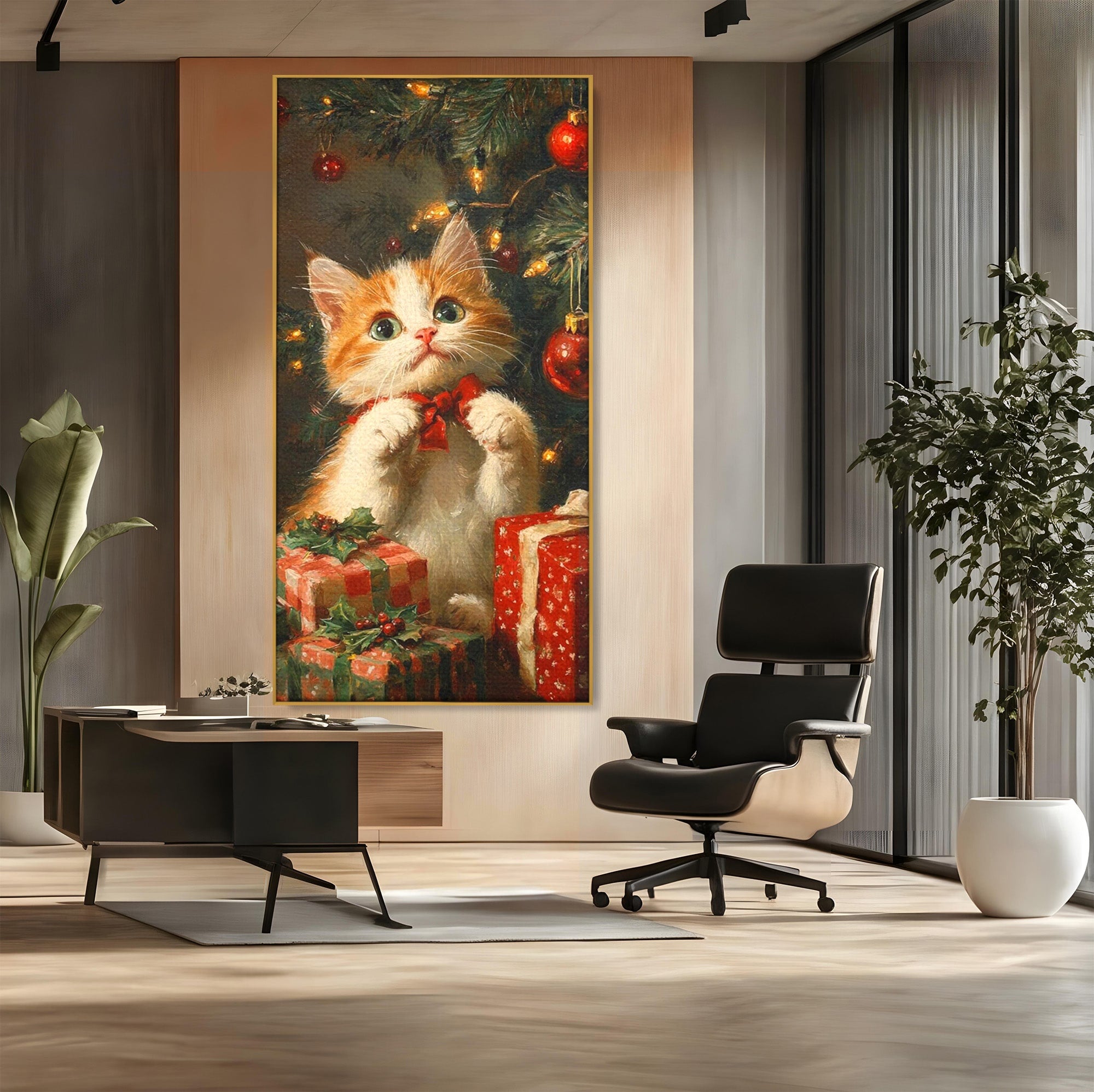 Tablou Canvas Premium LuxCanva® PI1242, Pisicuta De Craciun,Labute, Felina, Cadouri, Brad, Living, Culori Vibrante