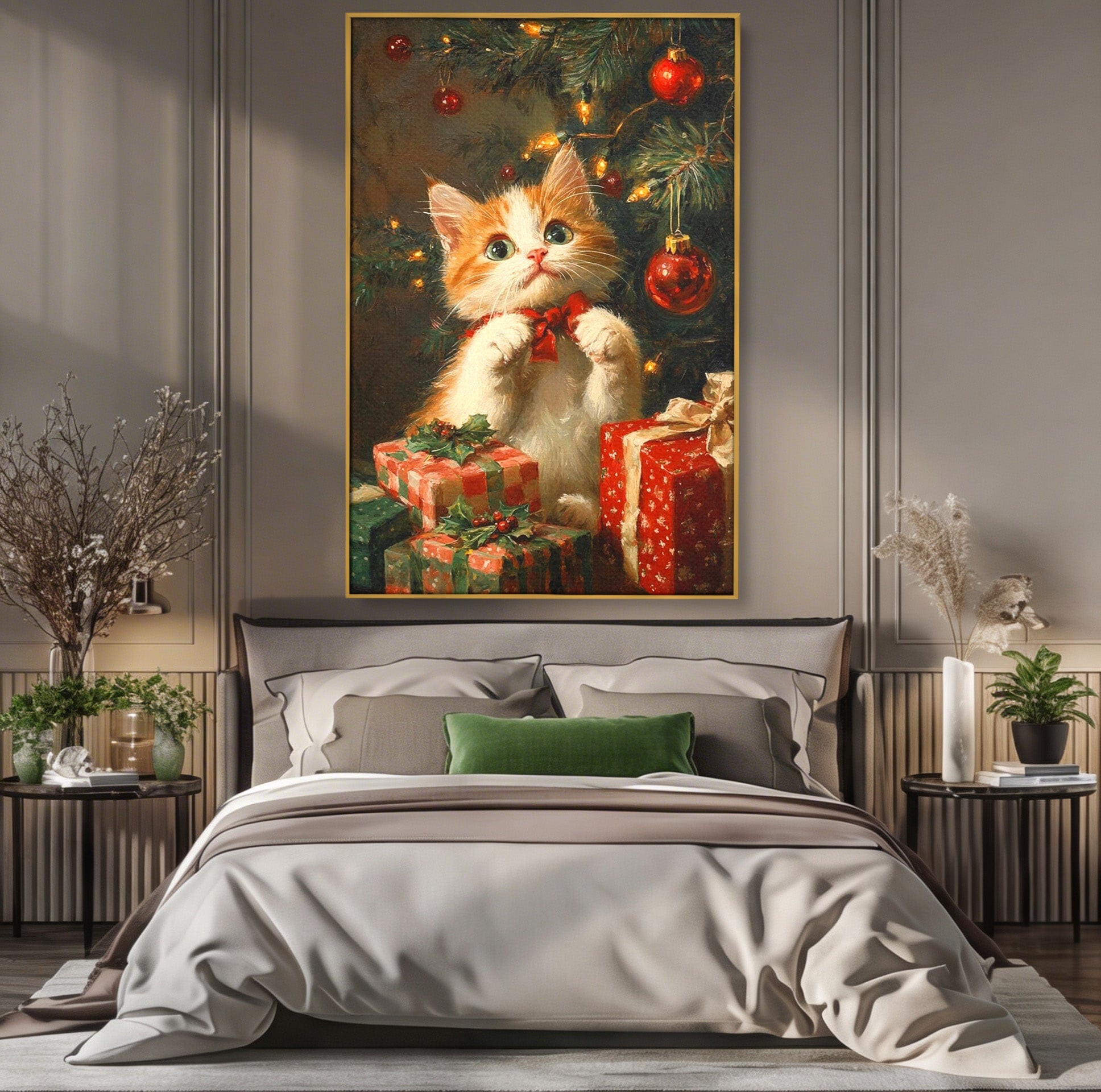 Tablou Canvas Premium LuxCanva® PI1242, Pisicuta De Craciun,Labute, Felina, Cadouri, Brad, Living, Culori Vibrante