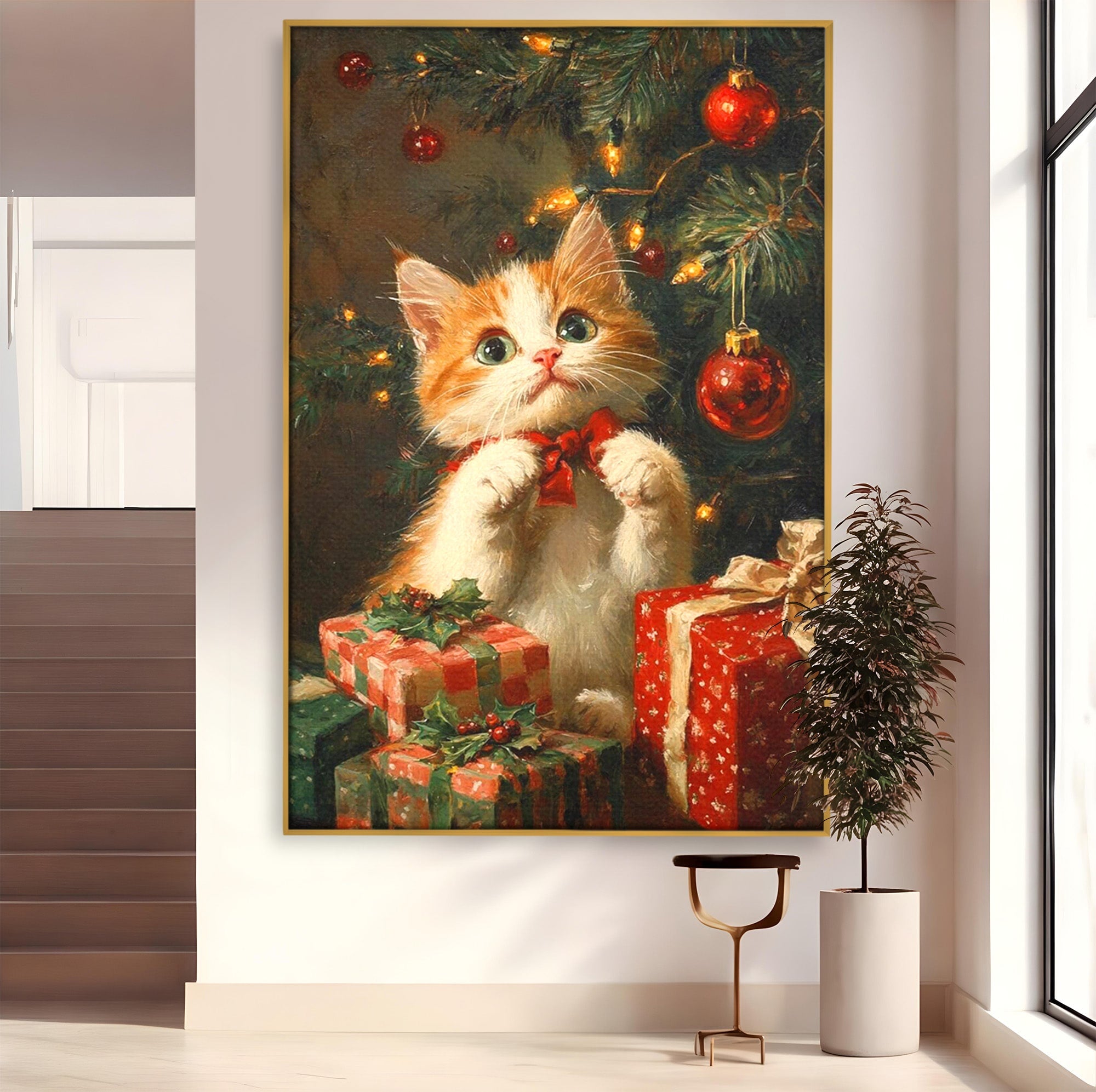 Tablou Canvas Premium LuxCanva® PI1242, Pisicuta De Craciun,Labute, Felina, Cadouri, Brad, Living, Culori Vibrante