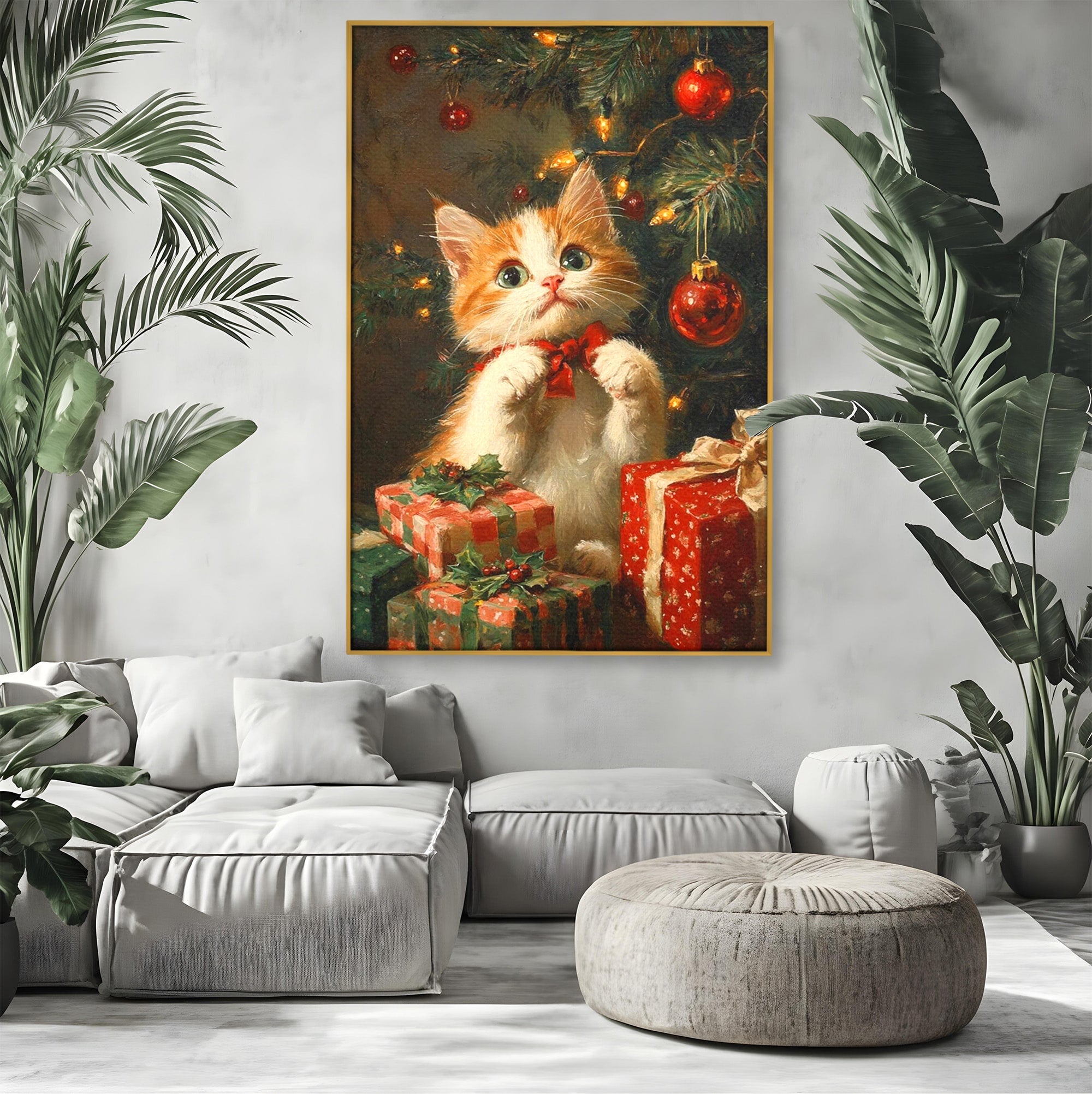 Tablou Canvas Premium LuxCanva® PI1242, Pisicuta De Craciun,Labute, Felina, Cadouri, Brad, Living, Culori Vibrante