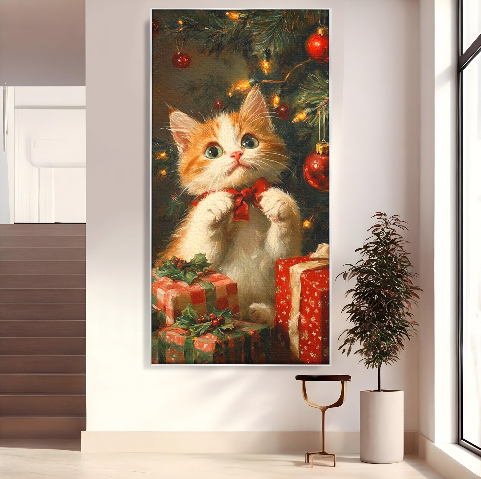 Tablou Canvas Premium LuxCanva® PI1242, Pisicuta De Craciun,Labute, Felina, Cadouri, Brad, Living, Culori Vibrante