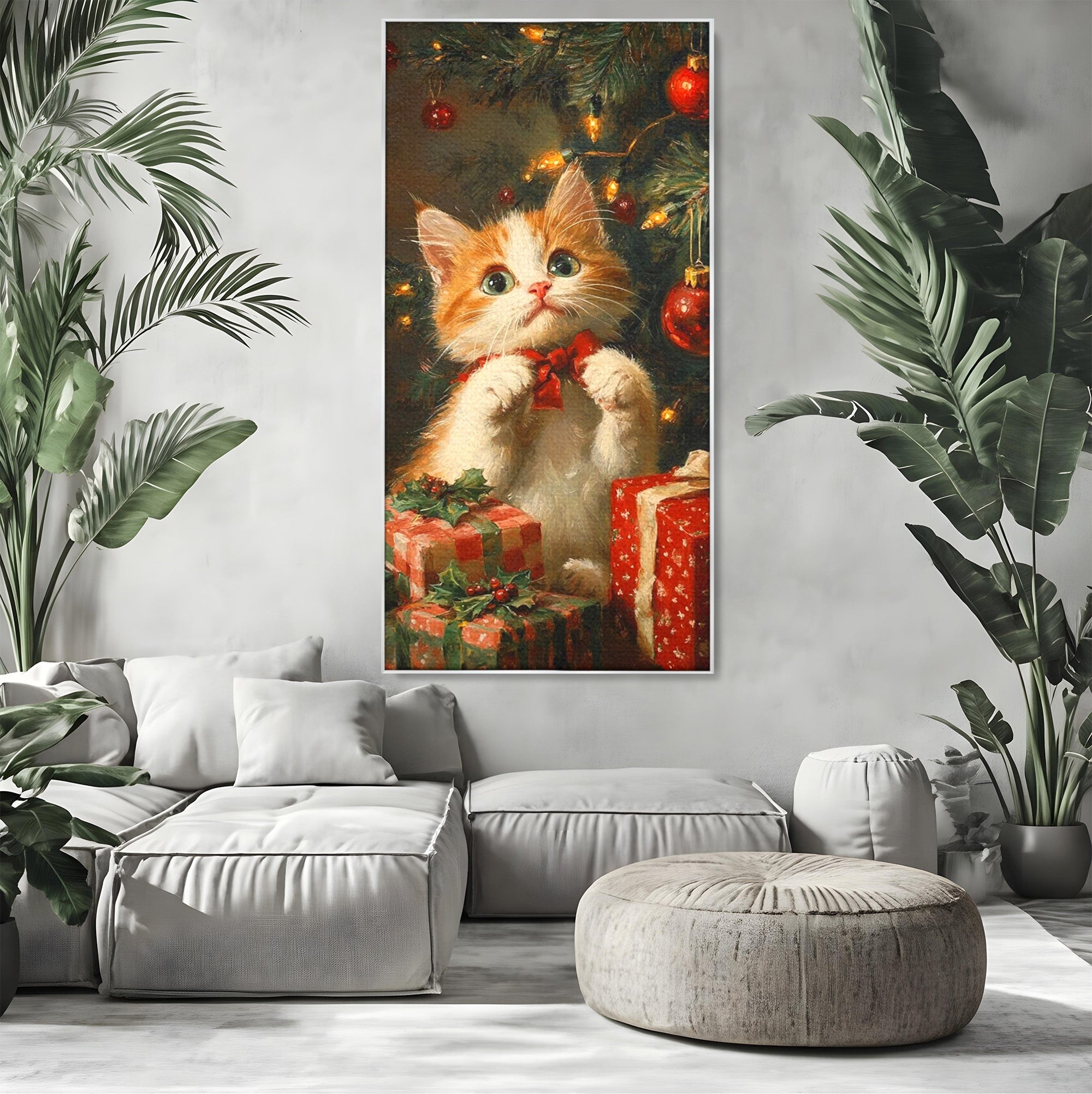 Tablou Canvas Premium LuxCanva® PI1242, Pisicuta De Craciun,Labute, Felina, Cadouri, Brad, Living, Culori Vibrante