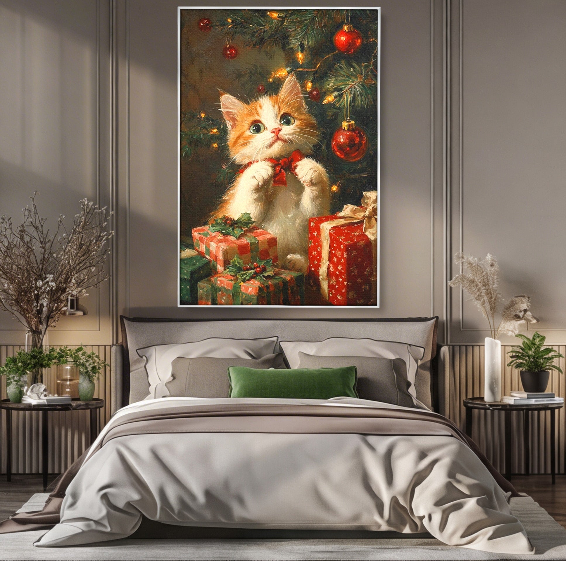 Tablou Canvas Premium LuxCanva® PI1242, Pisicuta De Craciun,Labute, Felina, Cadouri, Brad, Living, Culori Vibrante