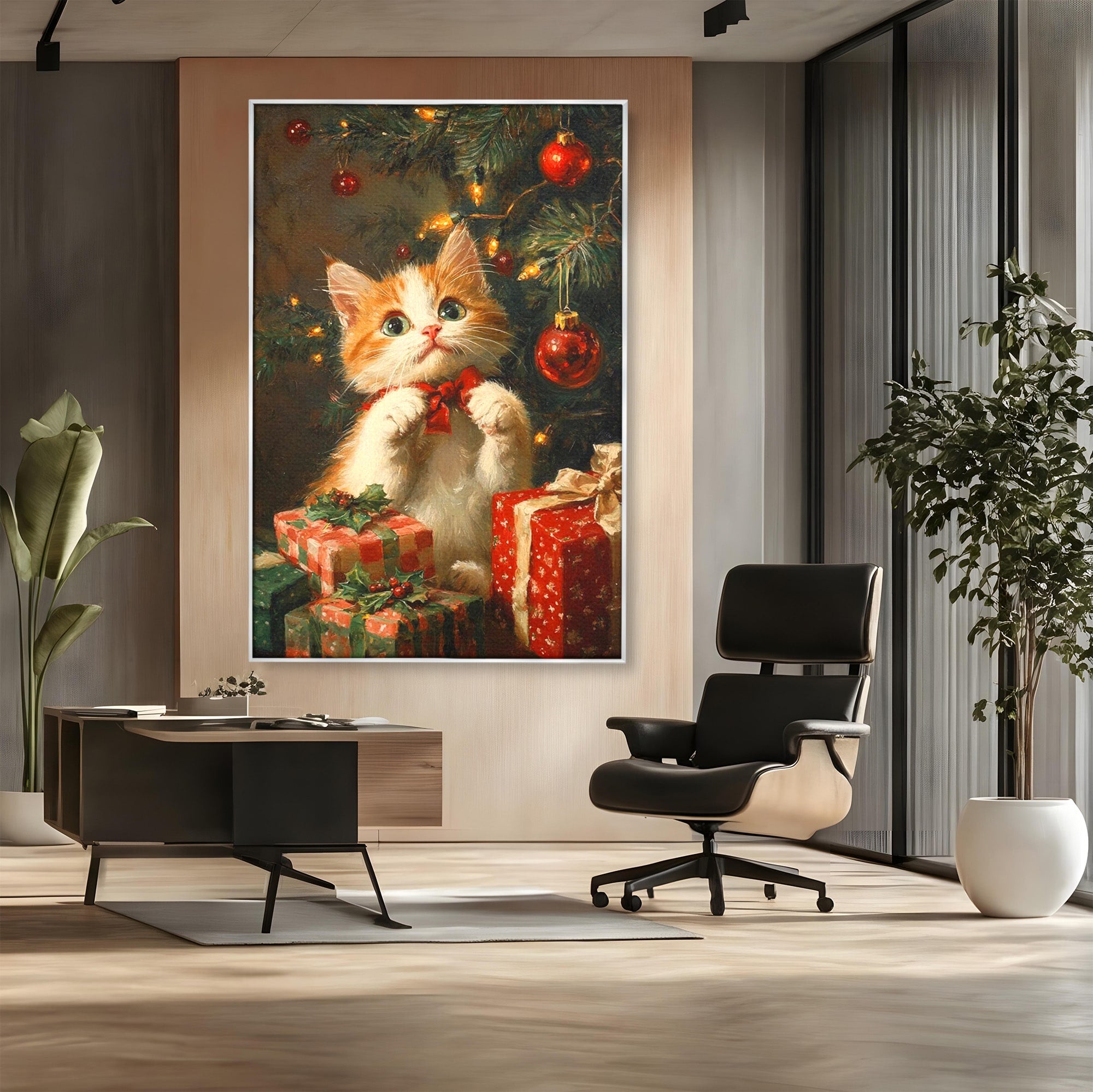 Tablou Canvas Premium LuxCanva® PI1242, Pisicuta De Craciun,Labute, Felina, Cadouri, Brad, Living, Culori Vibrante