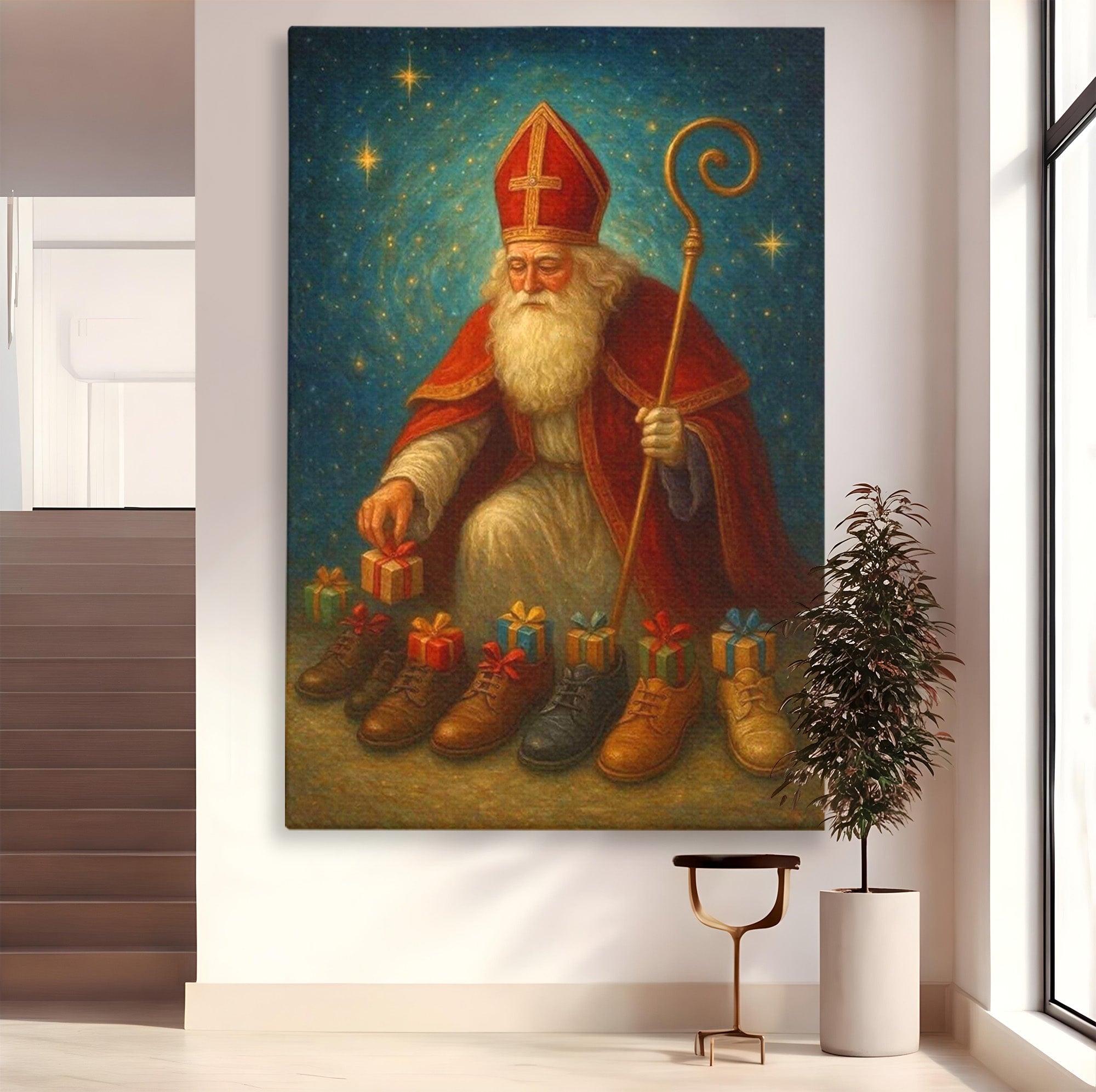 Tablou Canvas Premium LuxCanva® PI1243, Mos Nicolae, Ghetute, Cadouri, Sarbatori, Traditie, Living, Culori Vibrante