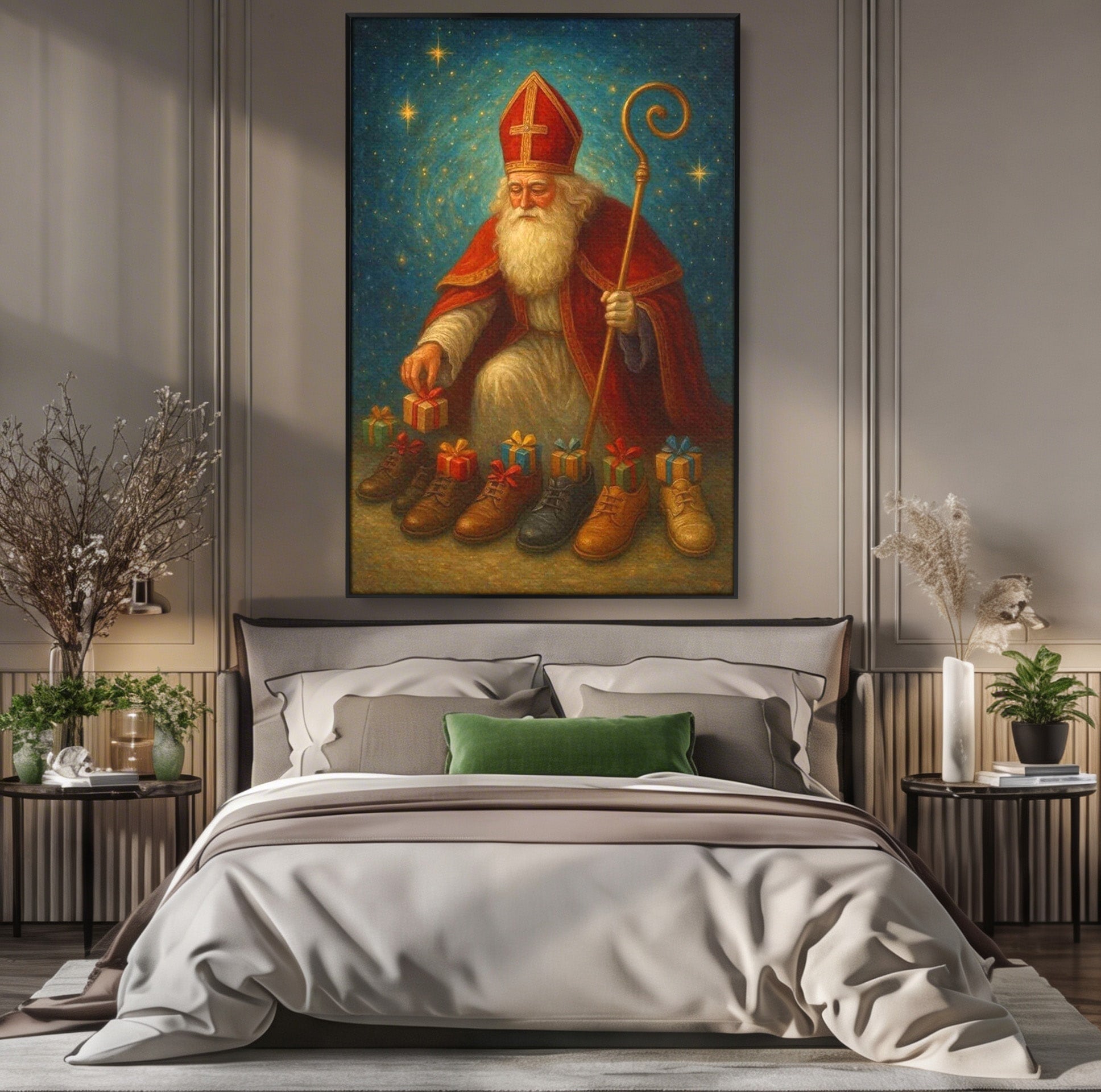 Tablou Canvas Premium LuxCanva® PI1243, Mos Nicolae, Ghetute, Cadouri, Sarbatori, Traditie, Living, Culori Vibrante