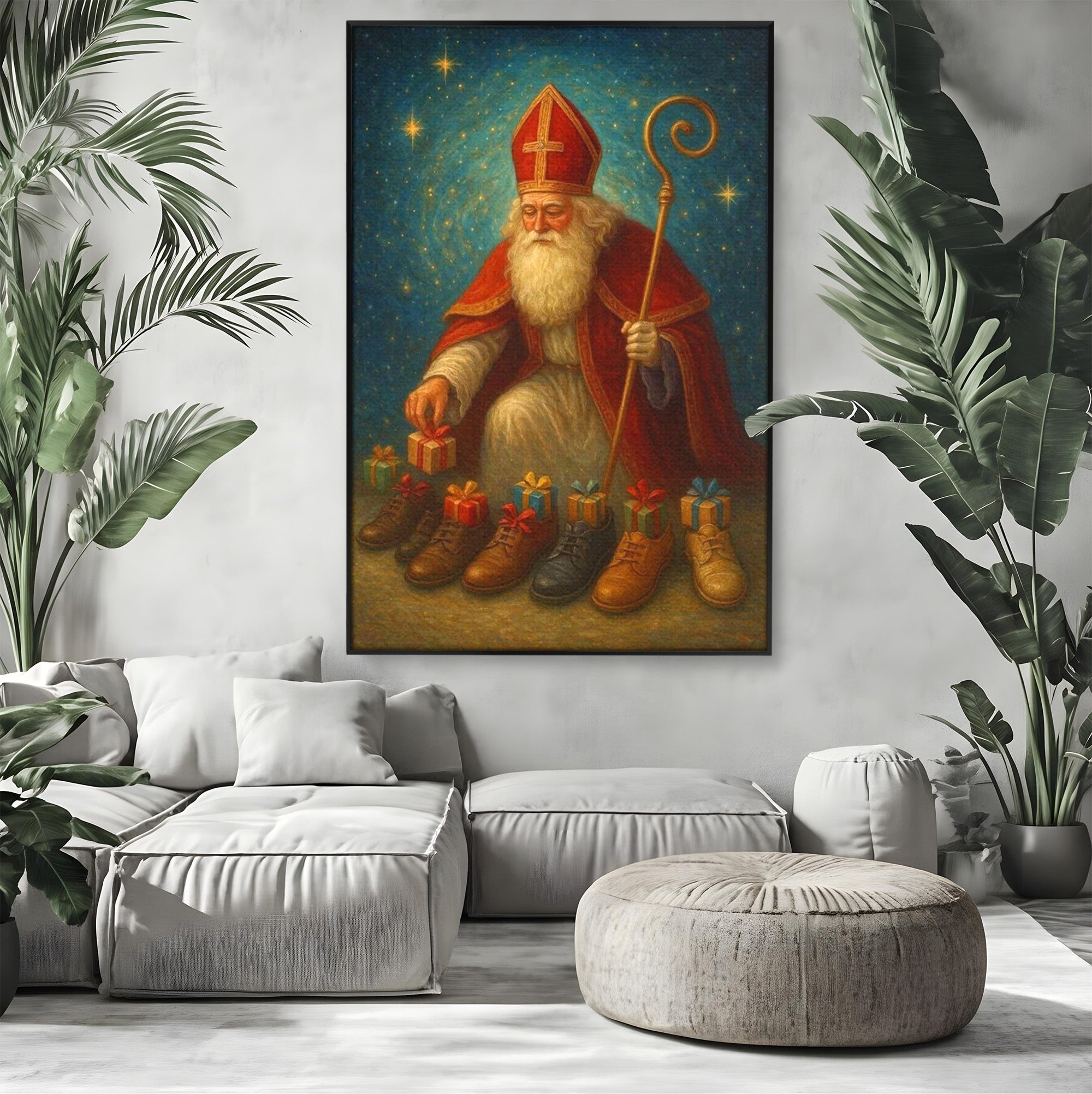 Tablou Canvas Premium LuxCanva® PI1243, Mos Nicolae, Ghetute, Cadouri, Sarbatori, Traditie, Living, Culori Vibrante
