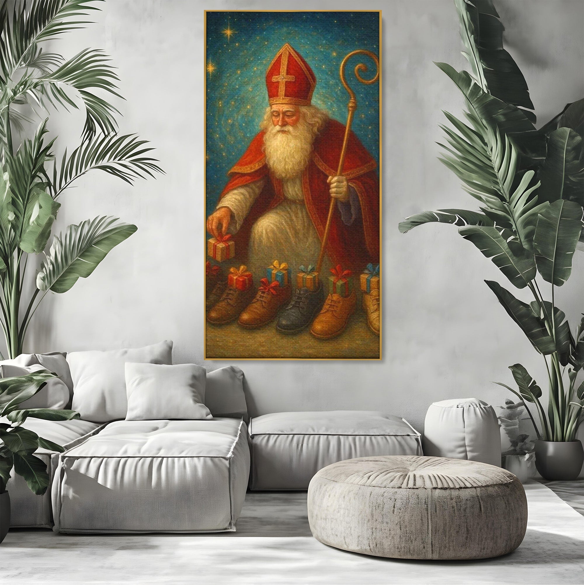 Tablou Canvas Premium LuxCanva® PI1243, Mos Nicolae, Ghetute, Cadouri, Sarbatori, Traditie, Living, Culori Vibrante