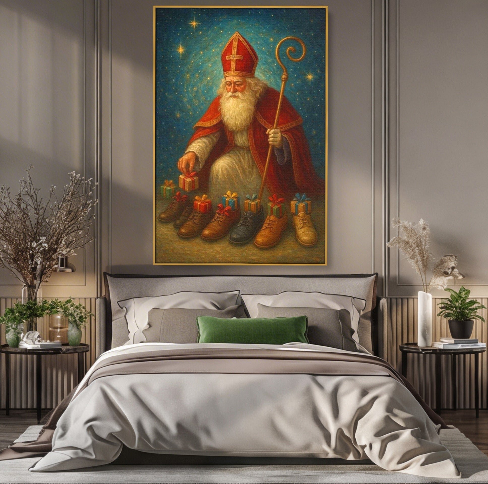 Tablou Canvas Premium LuxCanva® PI1243, Mos Nicolae, Ghetute, Cadouri, Sarbatori, Traditie, Living, Culori Vibrante