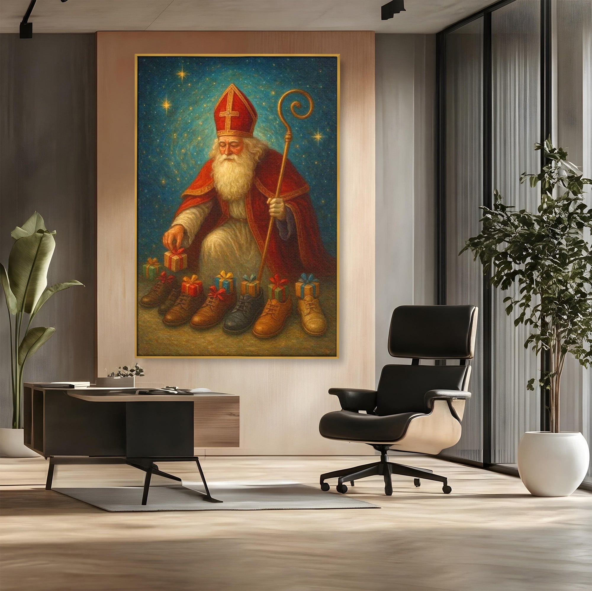 Tablou Canvas Premium LuxCanva® PI1243, Mos Nicolae, Ghetute, Cadouri, Sarbatori, Traditie, Living, Culori Vibrante