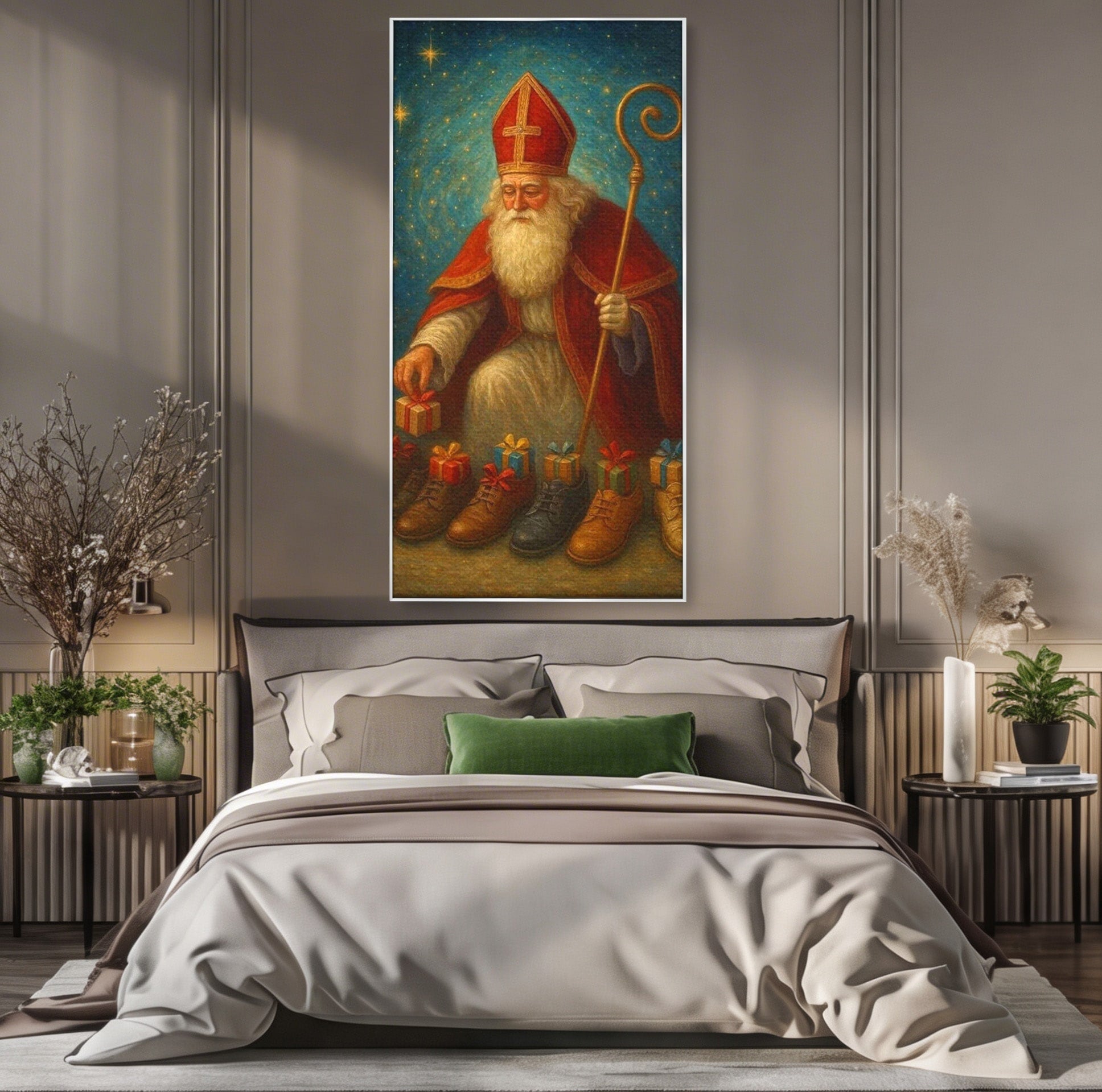 Tablou Canvas Premium LuxCanva® PI1243, Mos Nicolae, Ghetute, Cadouri, Sarbatori, Traditie, Living, Culori Vibrante