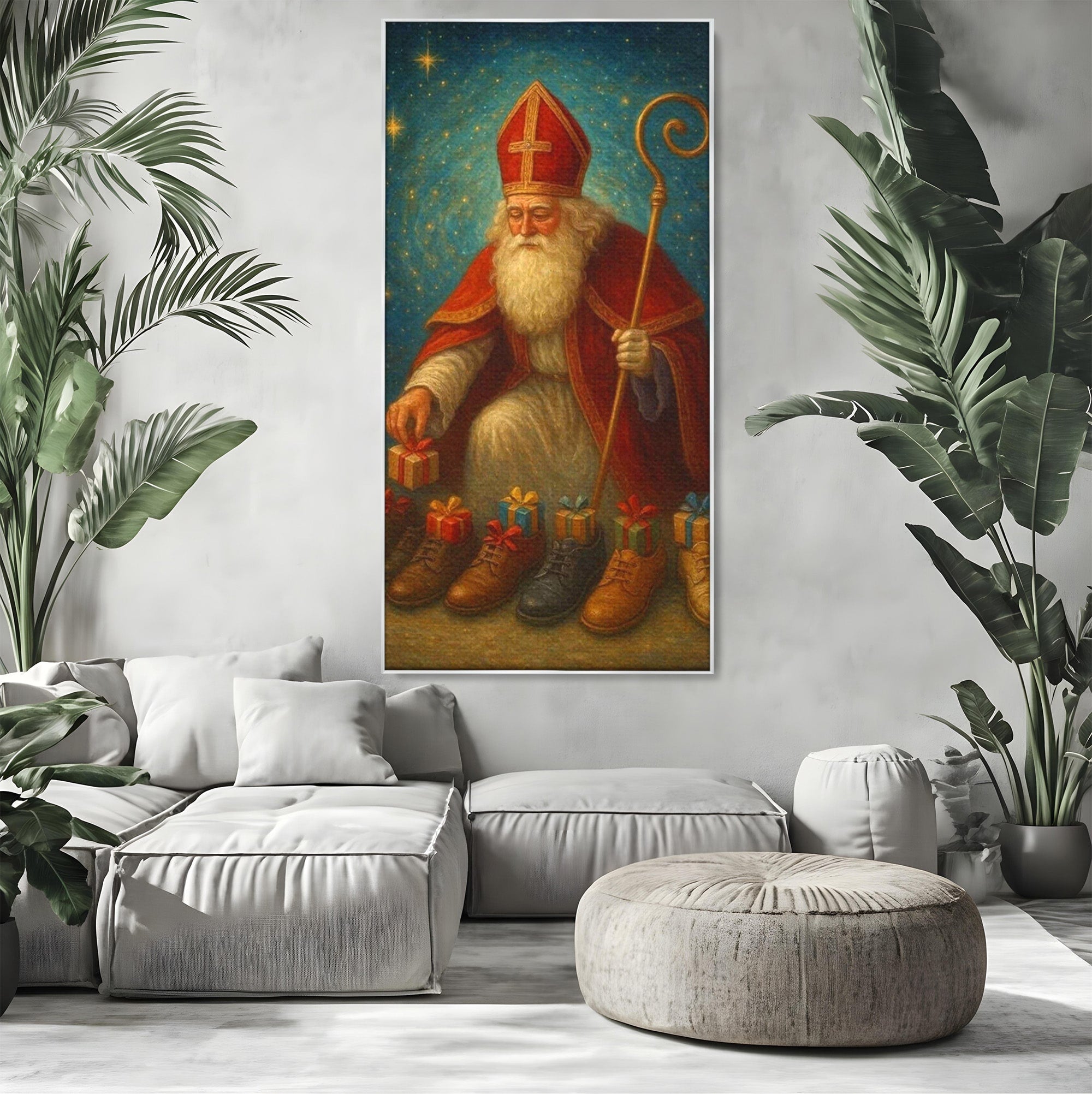 Tablou Canvas Premium LuxCanva® PI1243, Mos Nicolae, Ghetute, Cadouri, Sarbatori, Traditie, Living, Culori Vibrante