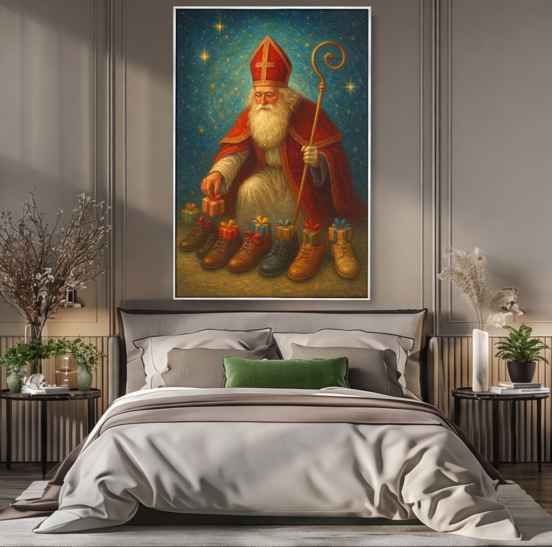 Tablou Canvas Premium LuxCanva® PI1243, Mos Nicolae, Ghetute, Cadouri, Sarbatori, Traditie, Living, Culori Vibrante