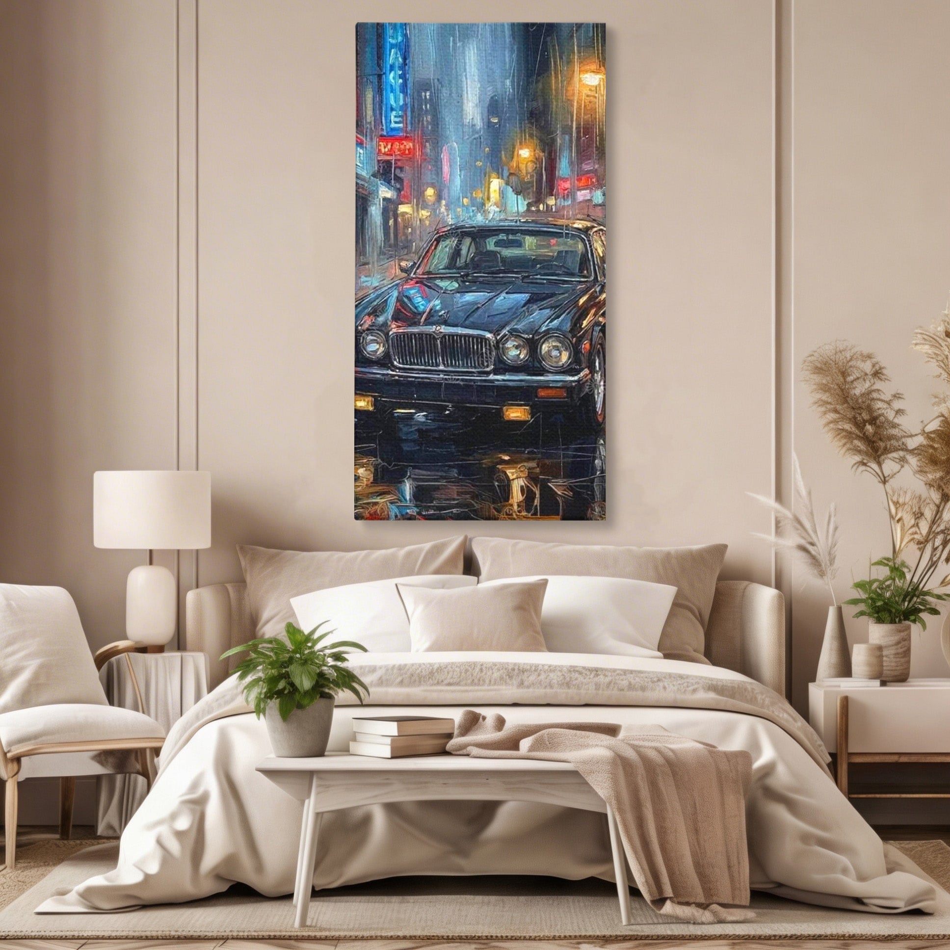 Tablou Canvas Premium LuxCanva® PI1245, Masina Clasica In Noapte, Vehicul, Stralucire, Oras, Noapte, Plimbare, Living, Birou, Culori Vibrante