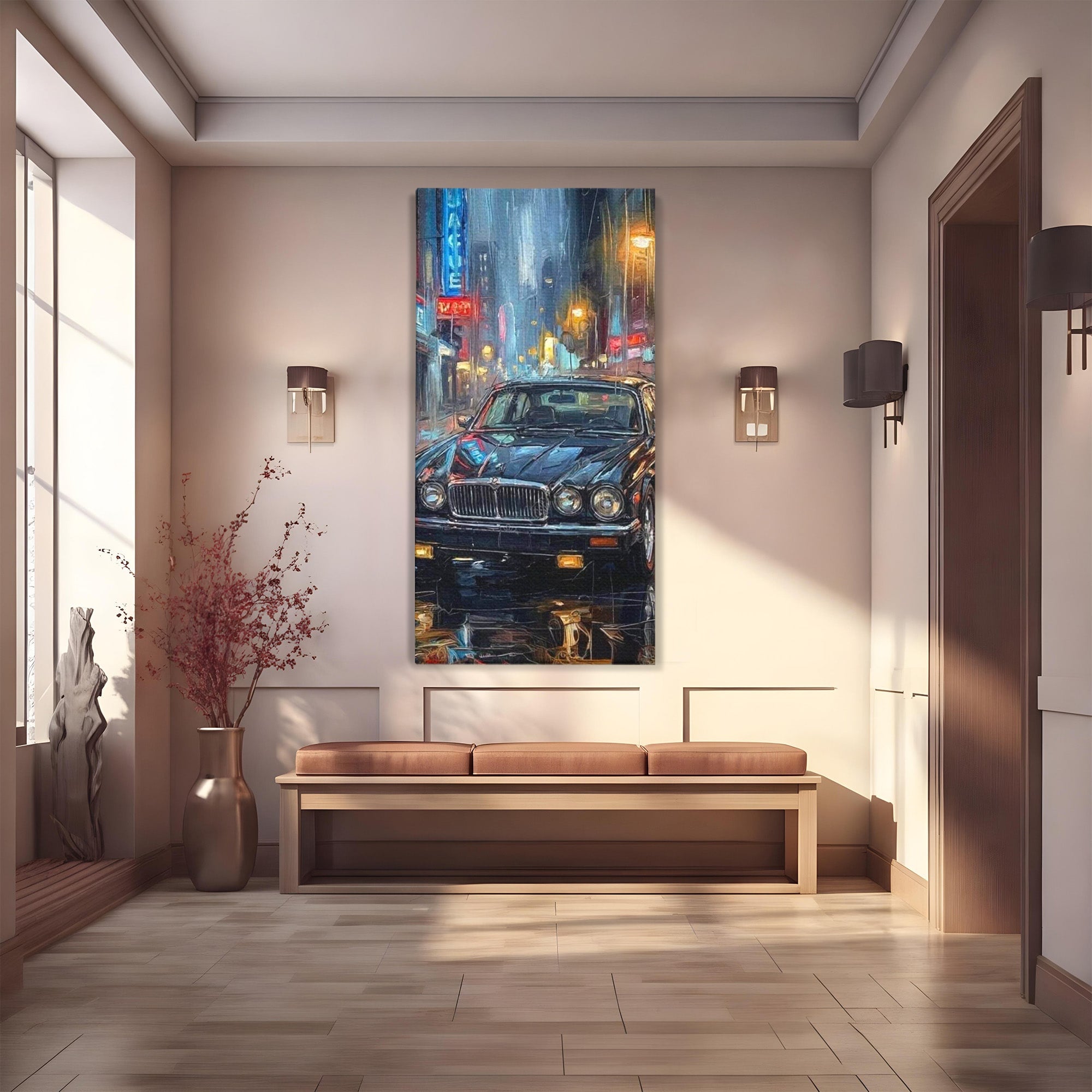 Tablou Canvas Premium LuxCanva® PI1245, Masina Clasica In Noapte, Vehicul, Stralucire, Oras, Noapte, Plimbare, Living, Birou, Culori Vibrante