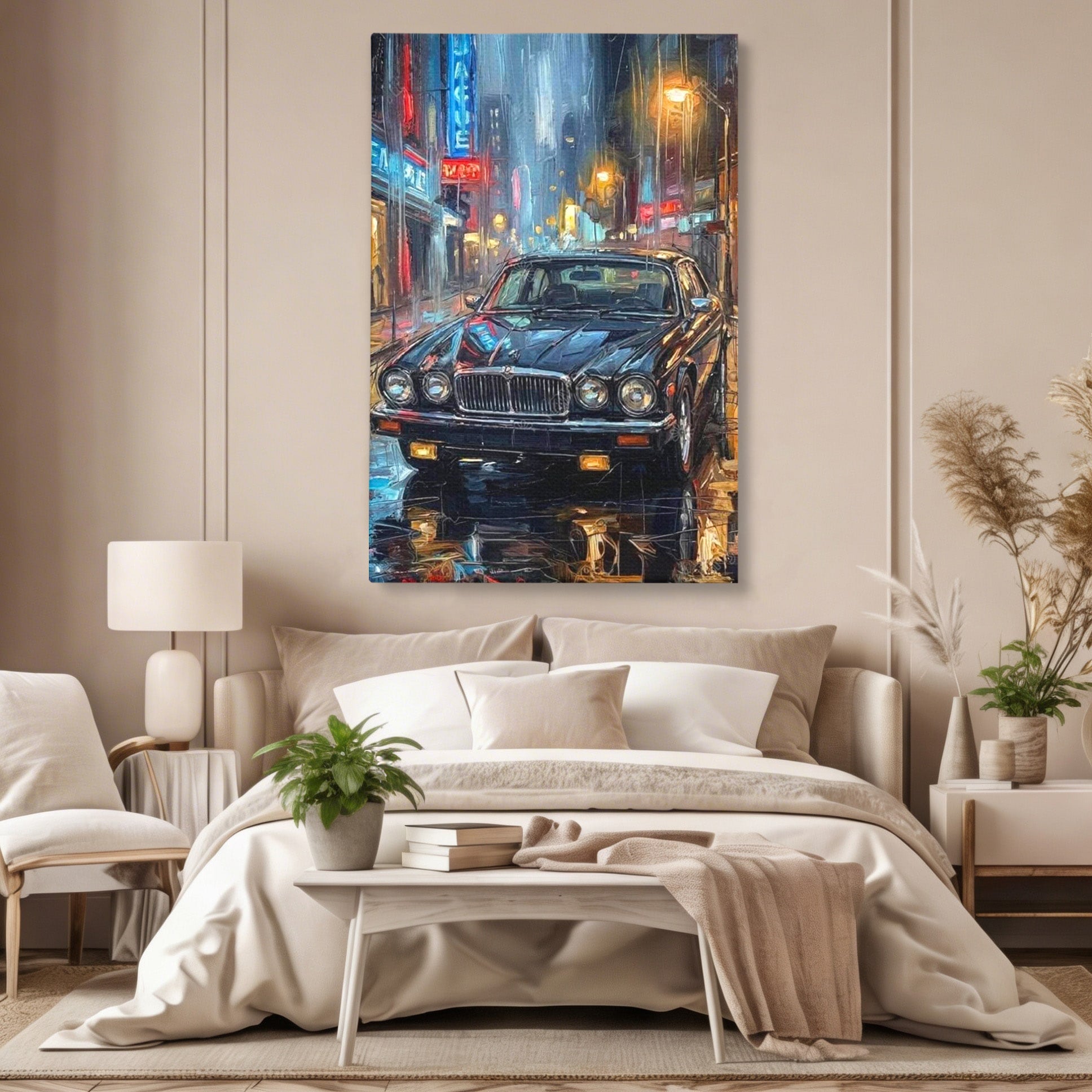 Tablou Canvas Premium LuxCanva® PI1245, Masina Clasica In Noapte, Vehicul, Stralucire, Oras, Noapte, Plimbare, Living, Birou, Culori Vibrante