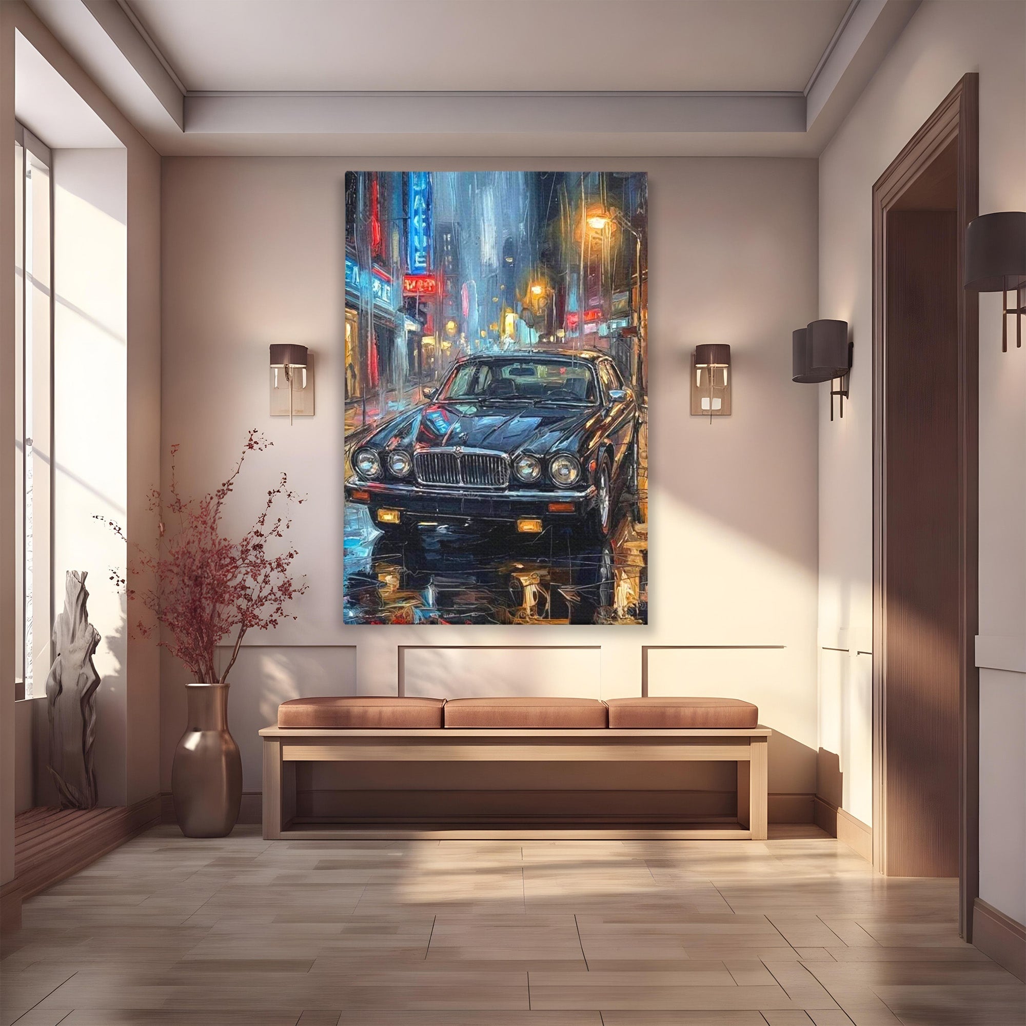 Tablou Canvas Premium LuxCanva® PI1245, Masina Clasica In Noapte, Vehicul, Stralucire, Oras, Noapte, Plimbare, Living, Birou, Culori Vibrante