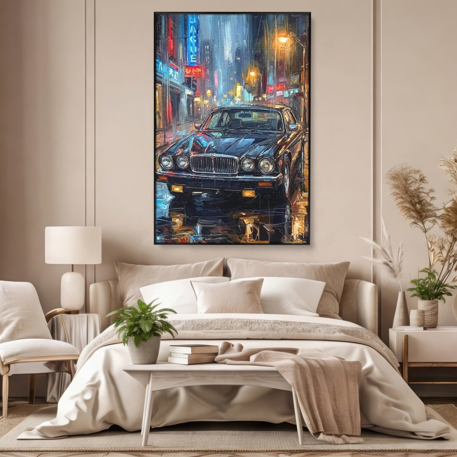 Tablou Canvas Premium LuxCanva® PI1245, Masina Clasica In Noapte, Vehicul, Stralucire, Oras, Noapte, Plimbare, Living, Birou, Culori Vibrante