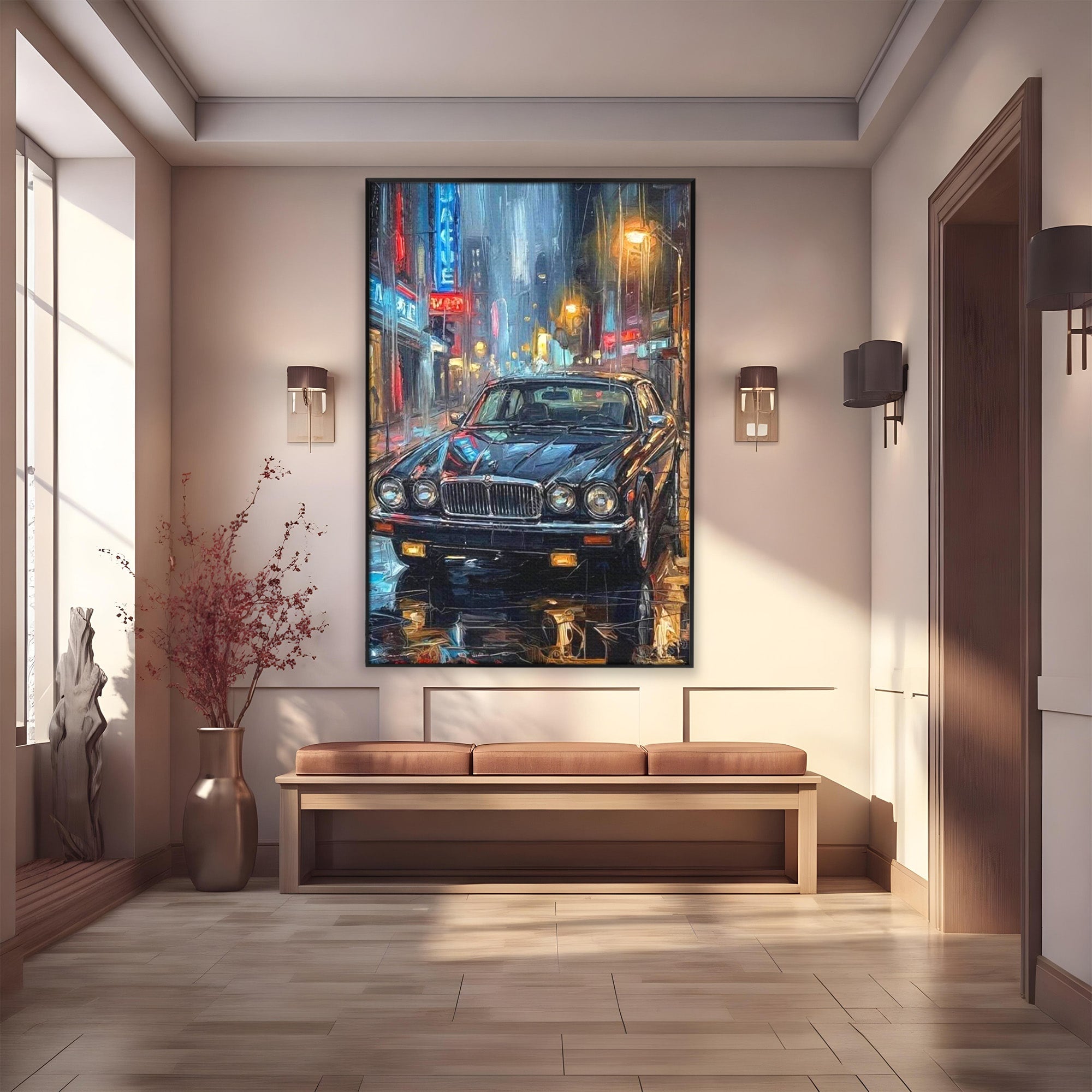 Tablou Canvas Premium LuxCanva® PI1245, Masina Clasica In Noapte, Vehicul, Stralucire, Oras, Noapte, Plimbare, Living, Birou, Culori Vibrante