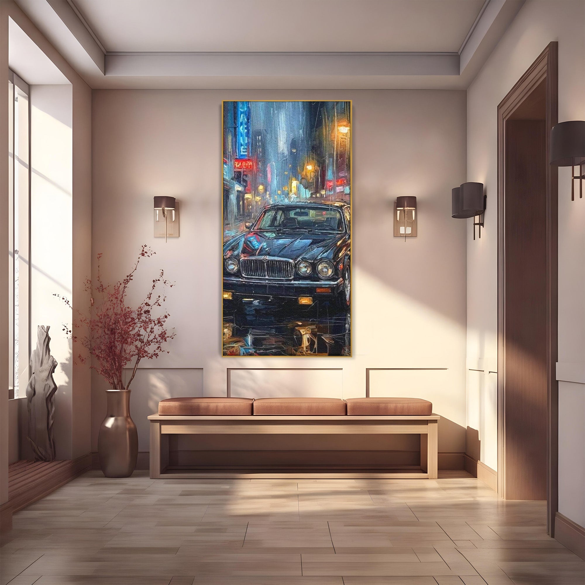 Tablou Canvas Premium LuxCanva® PI1245, Masina Clasica In Noapte, Vehicul, Stralucire, Oras, Noapte, Plimbare, Living, Birou, Culori Vibrante