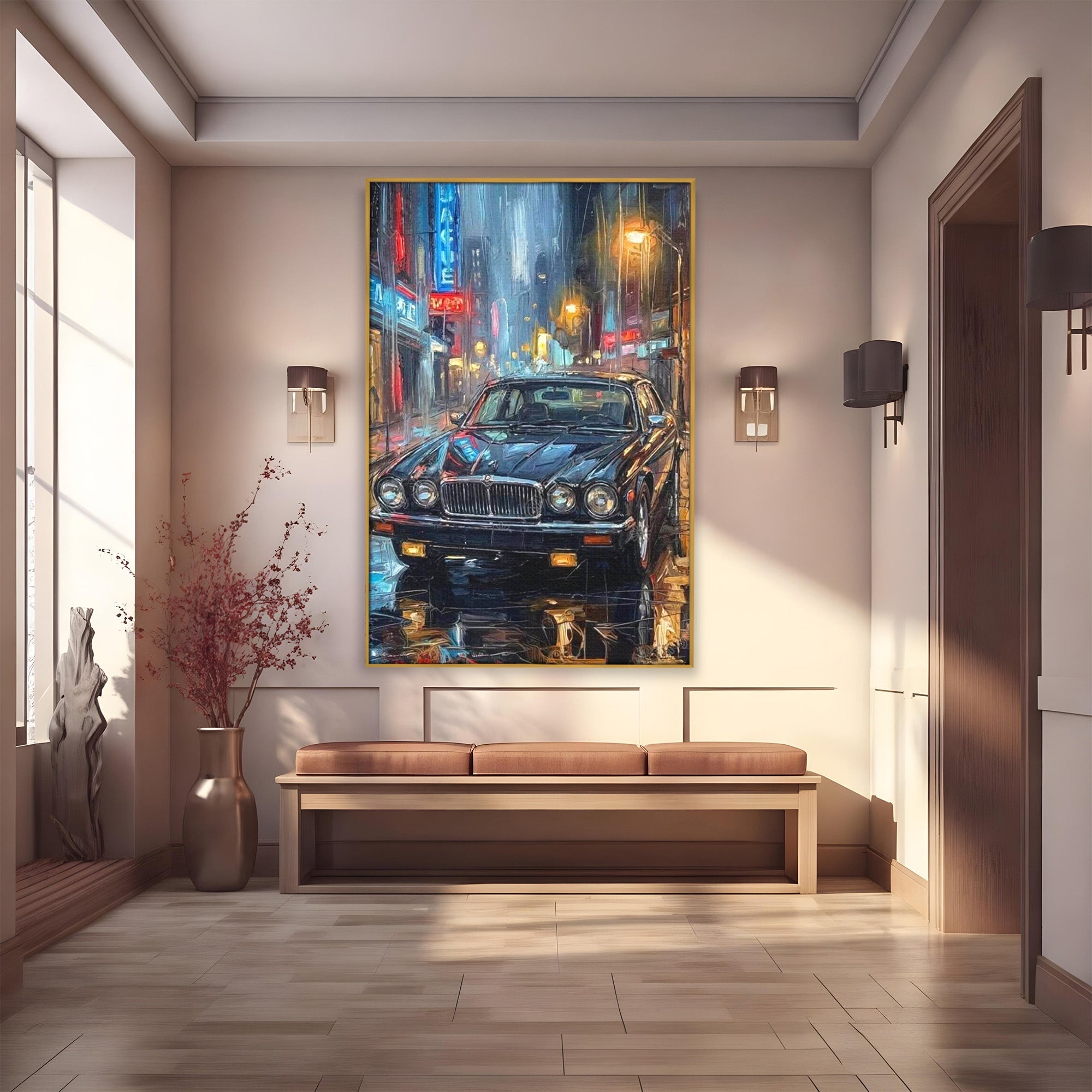 Tablou Canvas Premium LuxCanva® PI1245, Masina Clasica In Noapte, Vehicul, Stralucire, Oras, Noapte, Plimbare, Living, Birou, Culori Vibrante