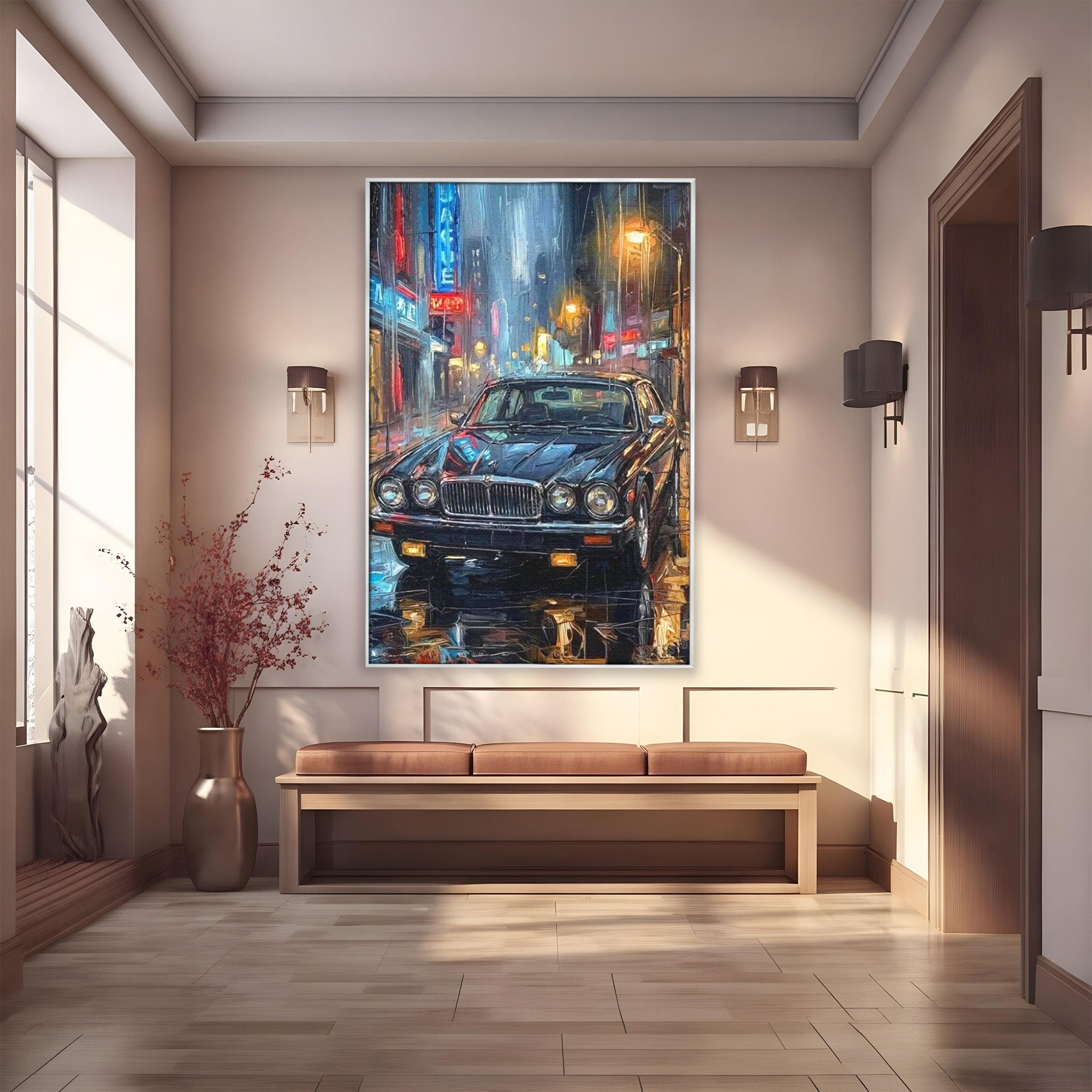 Tablou Canvas Premium LuxCanva® PI1245, Masina Clasica In Noapte, Vehicul, Stralucire, Oras, Noapte, Plimbare, Living, Birou, Culori Vibrante