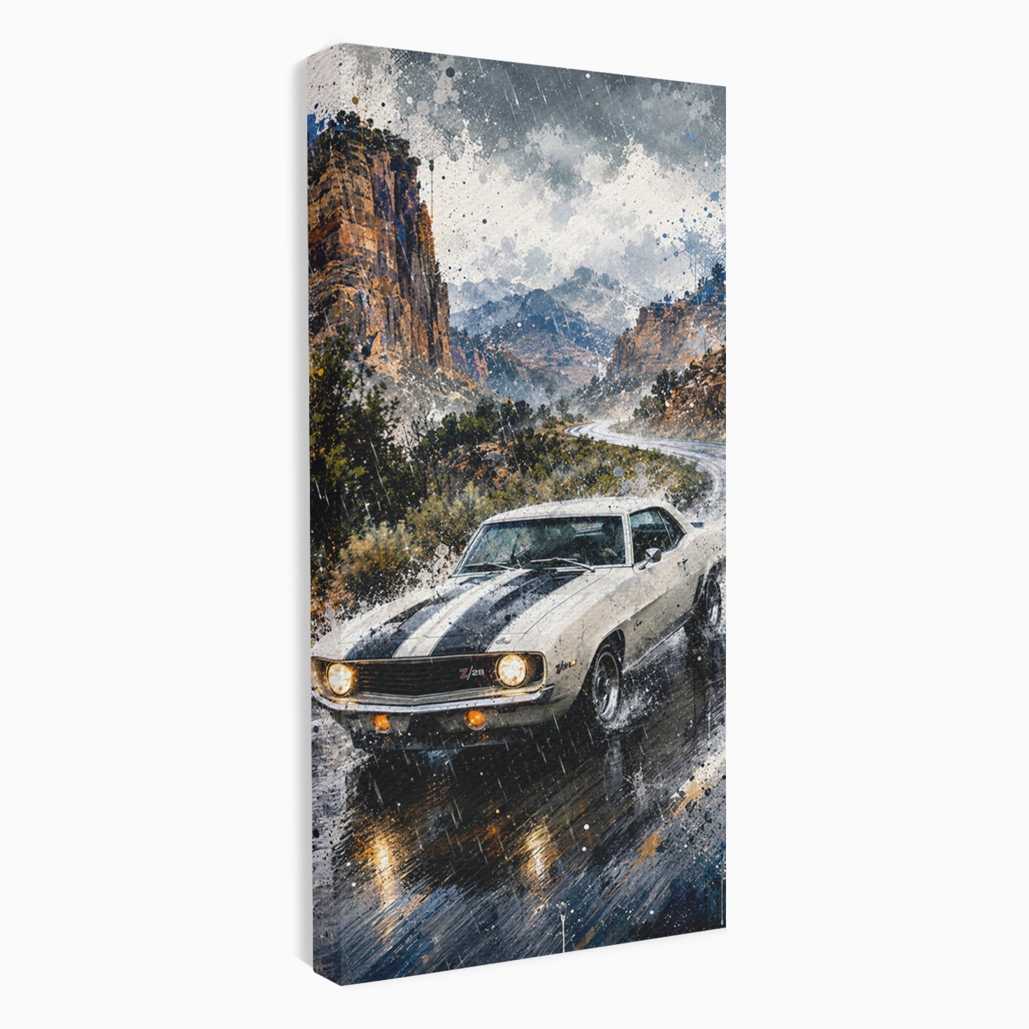 Tablou Canvas Premium LuxCanva® PI1246, Masina In Ploaie, Roti, Ploaie, Peisaj, Retro, Living, Culori Vibrante