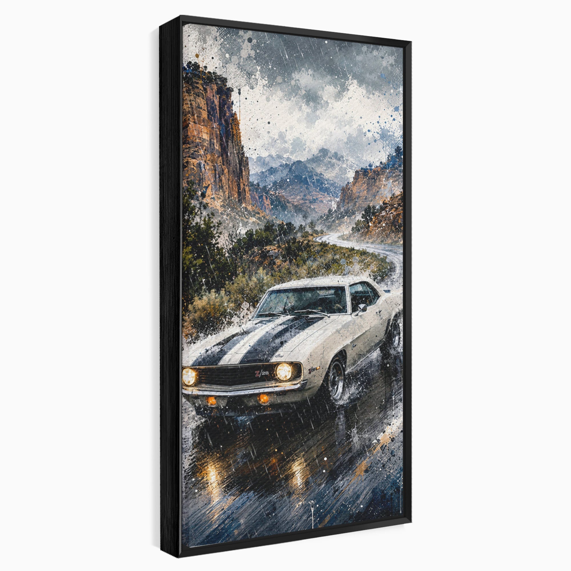 Tablou Canvas Premium LuxCanva® PI1246, Masina In Ploaie, Roti, Ploaie, Peisaj, Retro, Living, Culori Vibrante