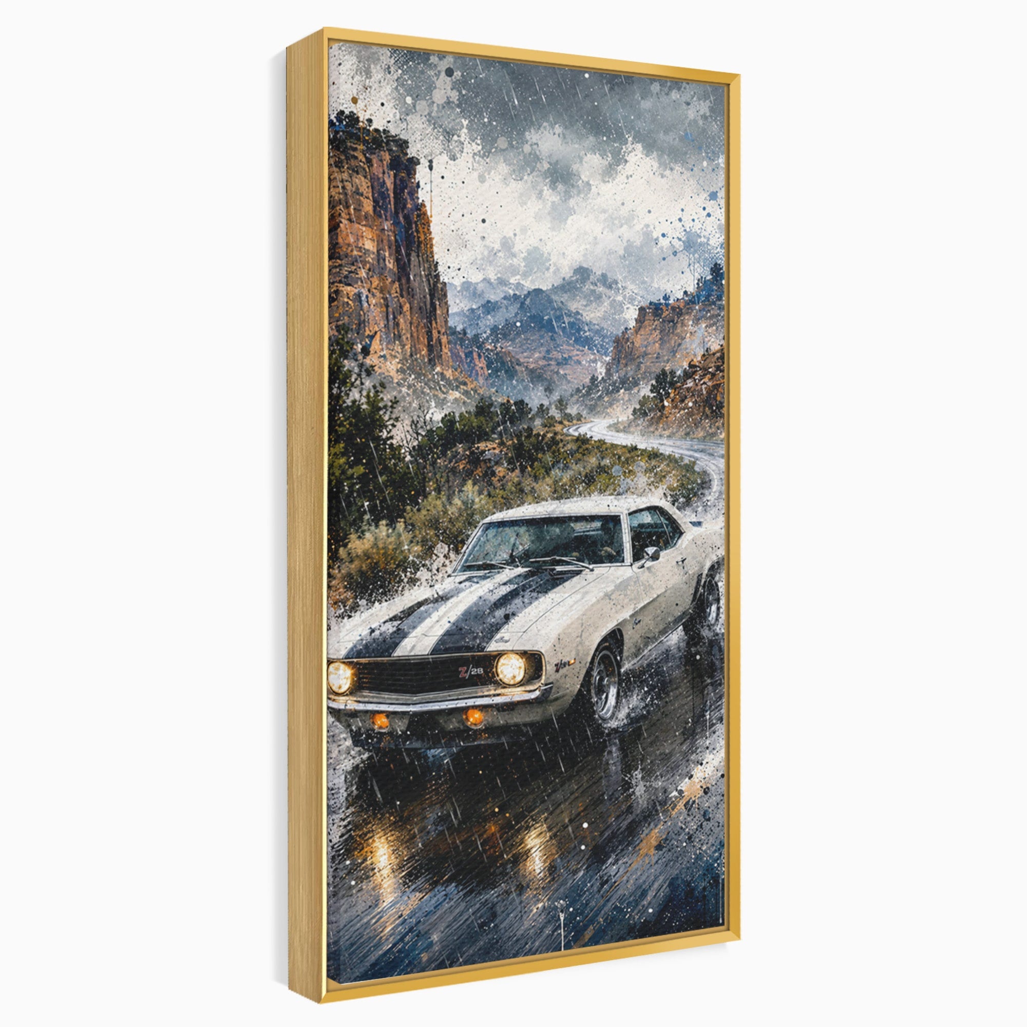 Tablou Canvas Premium LuxCanva® PI1246, Masina In Ploaie, Roti, Ploaie, Peisaj, Retro, Living, Culori Vibrante