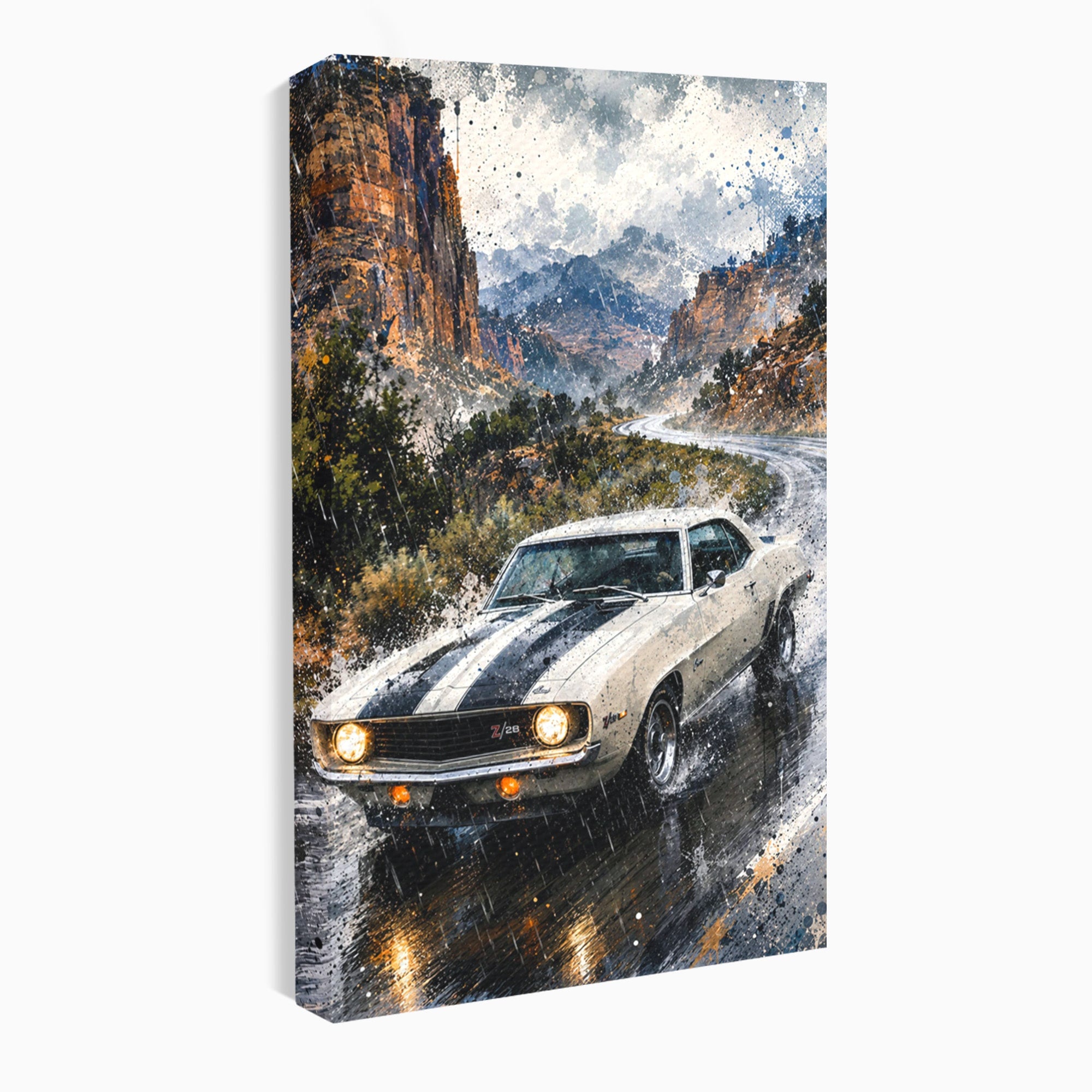 Tablou Canvas Premium LuxCanva® PI1246, Masina In Ploaie, Roti, Ploaie, Peisaj, Retro, Living, Culori Vibrante