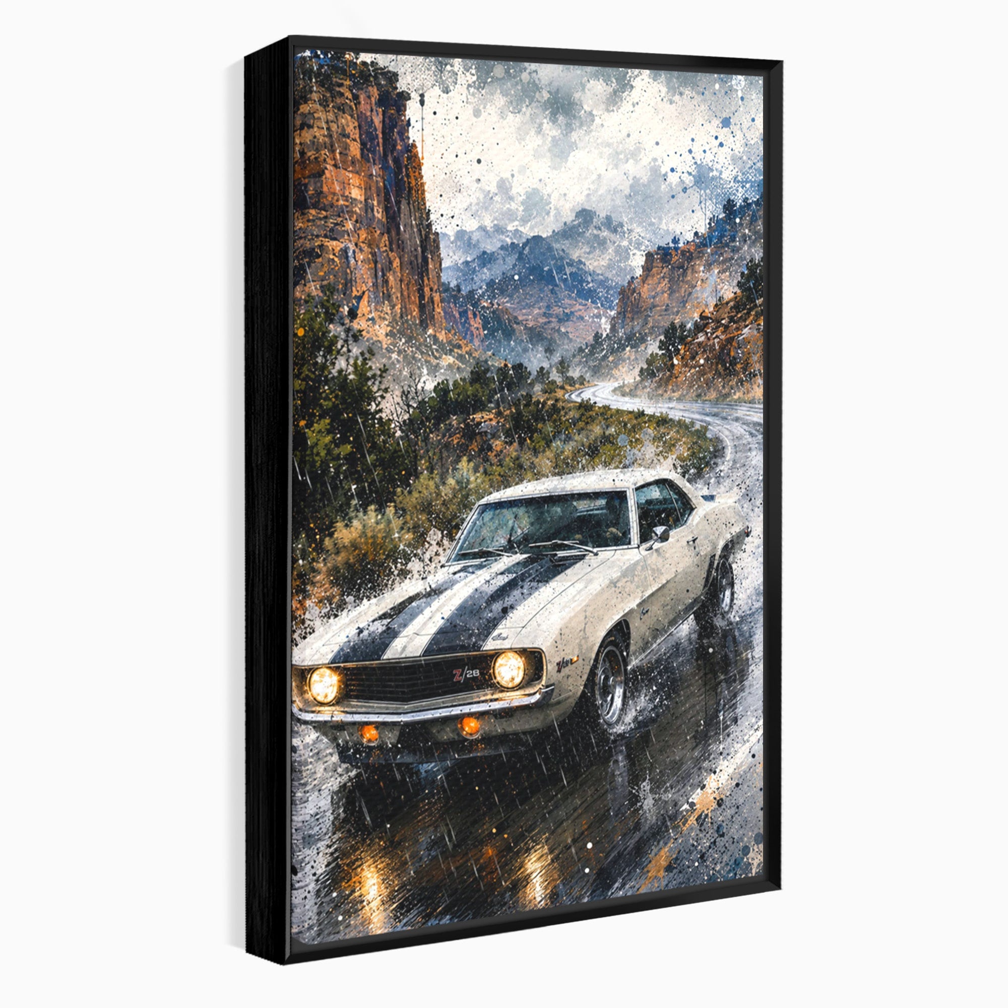 Tablou Canvas Premium LuxCanva® PI1246, Masina In Ploaie, Roti, Ploaie, Peisaj, Retro, Living, Culori Vibrante