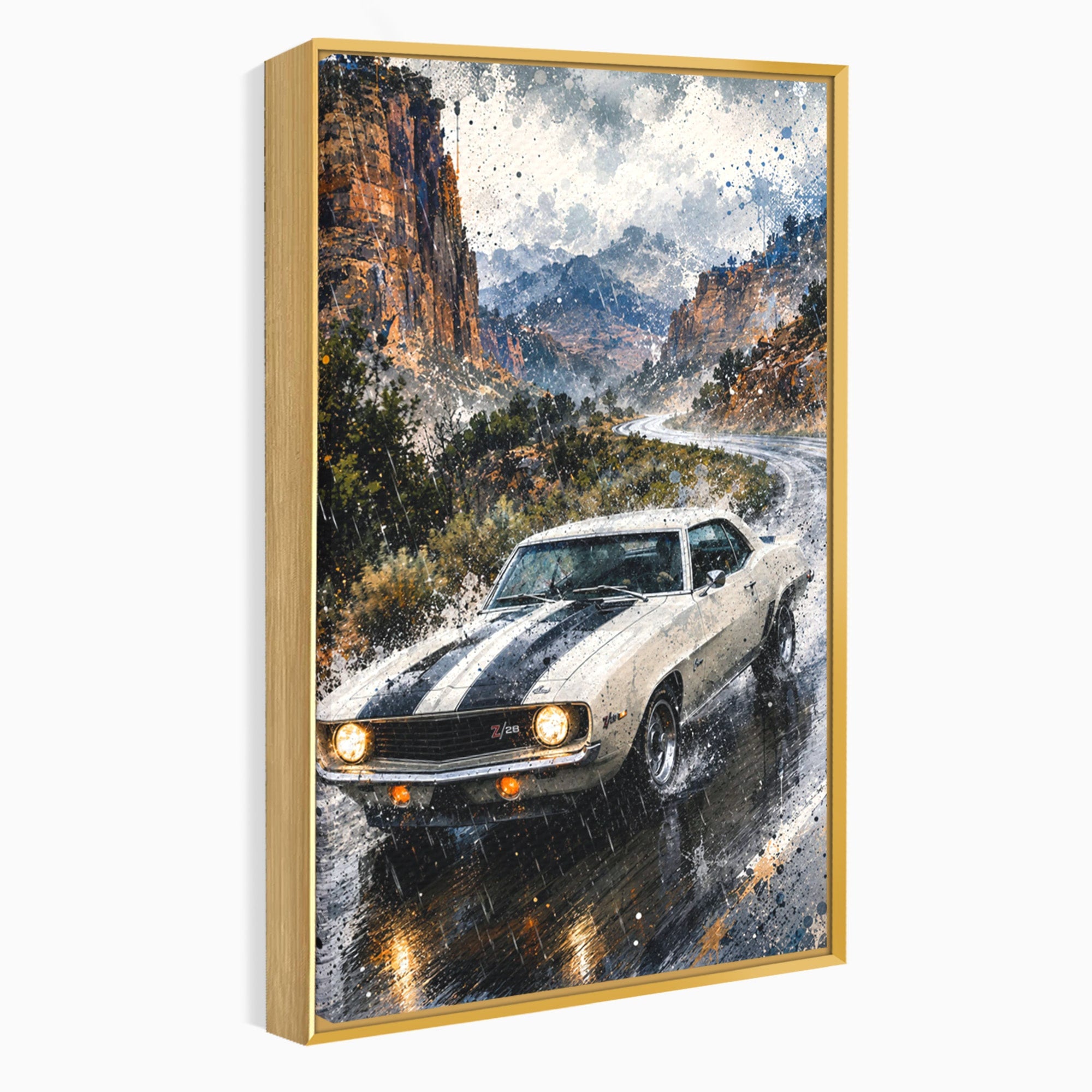Tablou Canvas Premium LuxCanva® PI1246, Masina In Ploaie, Roti, Ploaie, Peisaj, Retro, Living, Culori Vibrante