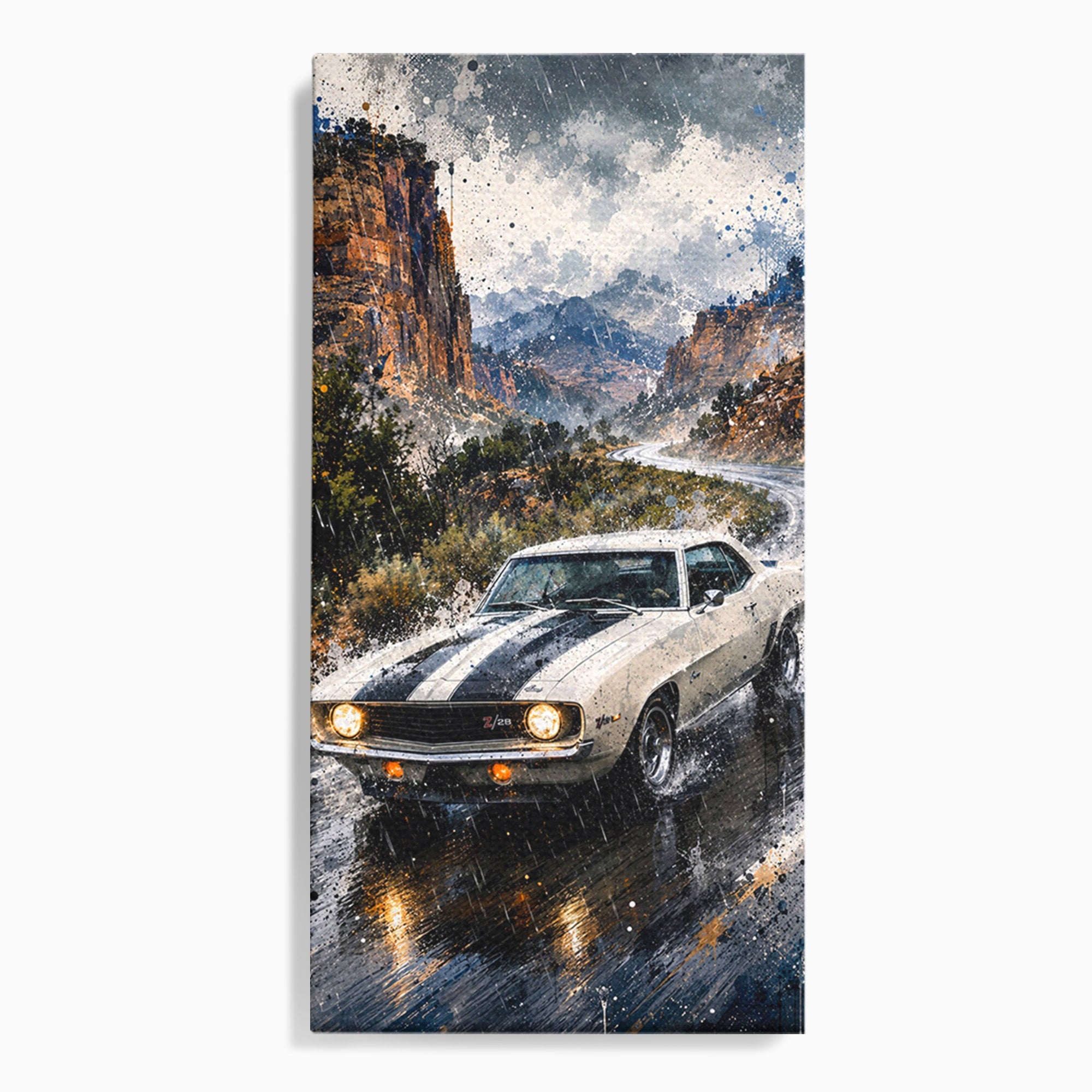 Tablou Canvas Premium LuxCanva® PI1246, Masina In Ploaie, Roti, Ploaie, Peisaj, Retro, Living, Culori Vibrante