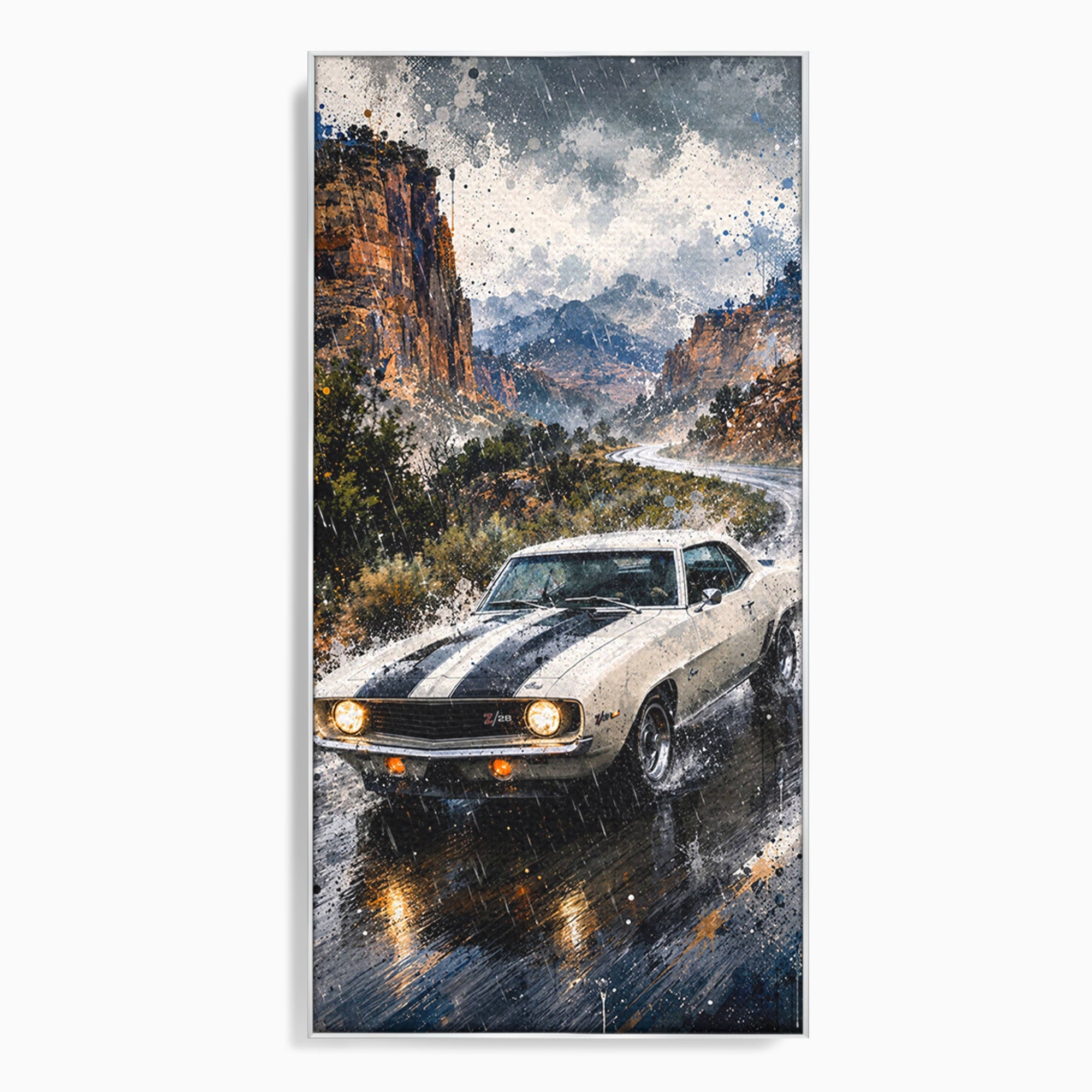 Tablou Canvas Premium LuxCanva® PI1246, Masina In Ploaie, Roti, Ploaie, Peisaj, Retro, Living, Culori Vibrante