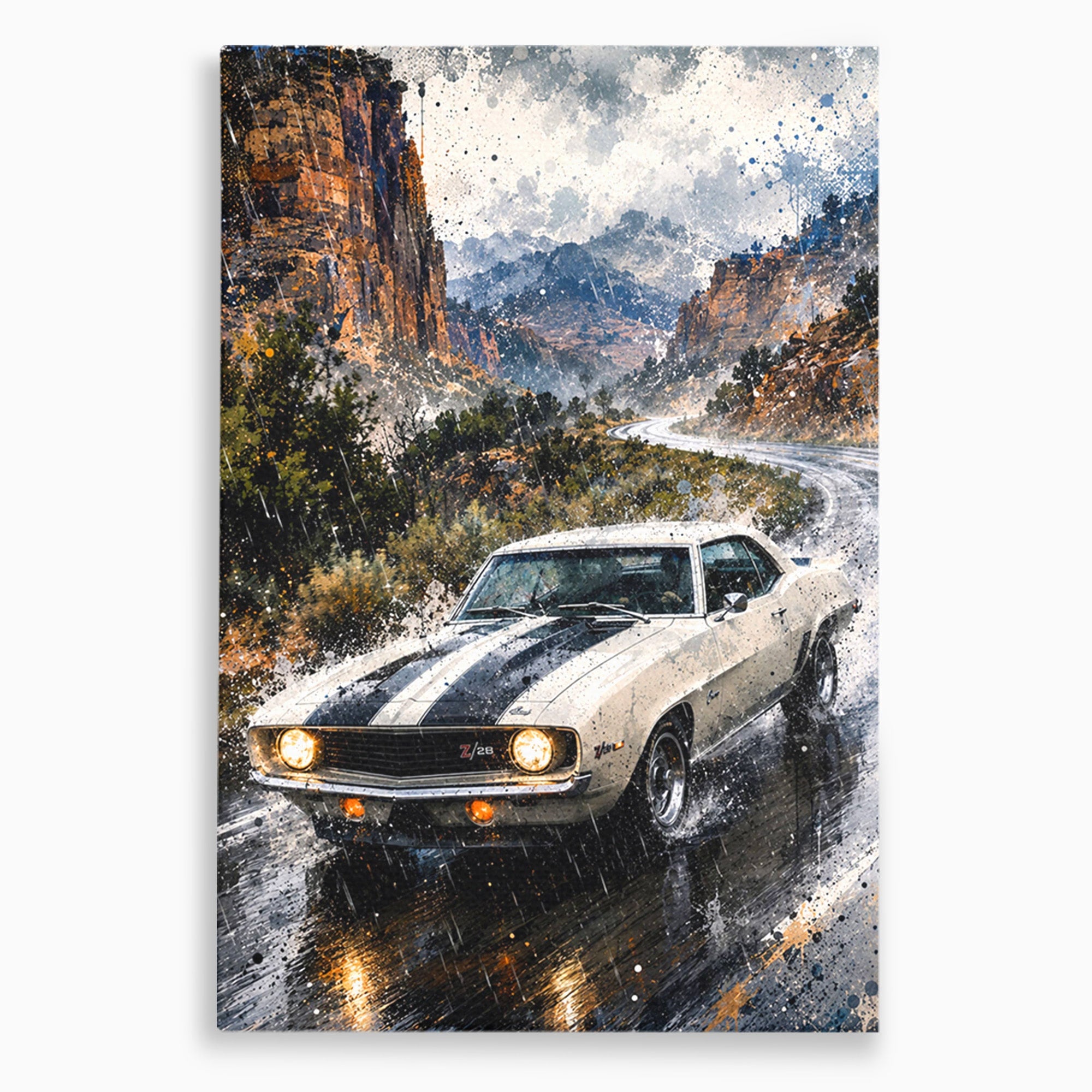 Tablou Canvas Premium LuxCanva® PI1246, Masina In Ploaie, Roti, Ploaie, Peisaj, Retro, Living, Culori Vibrante