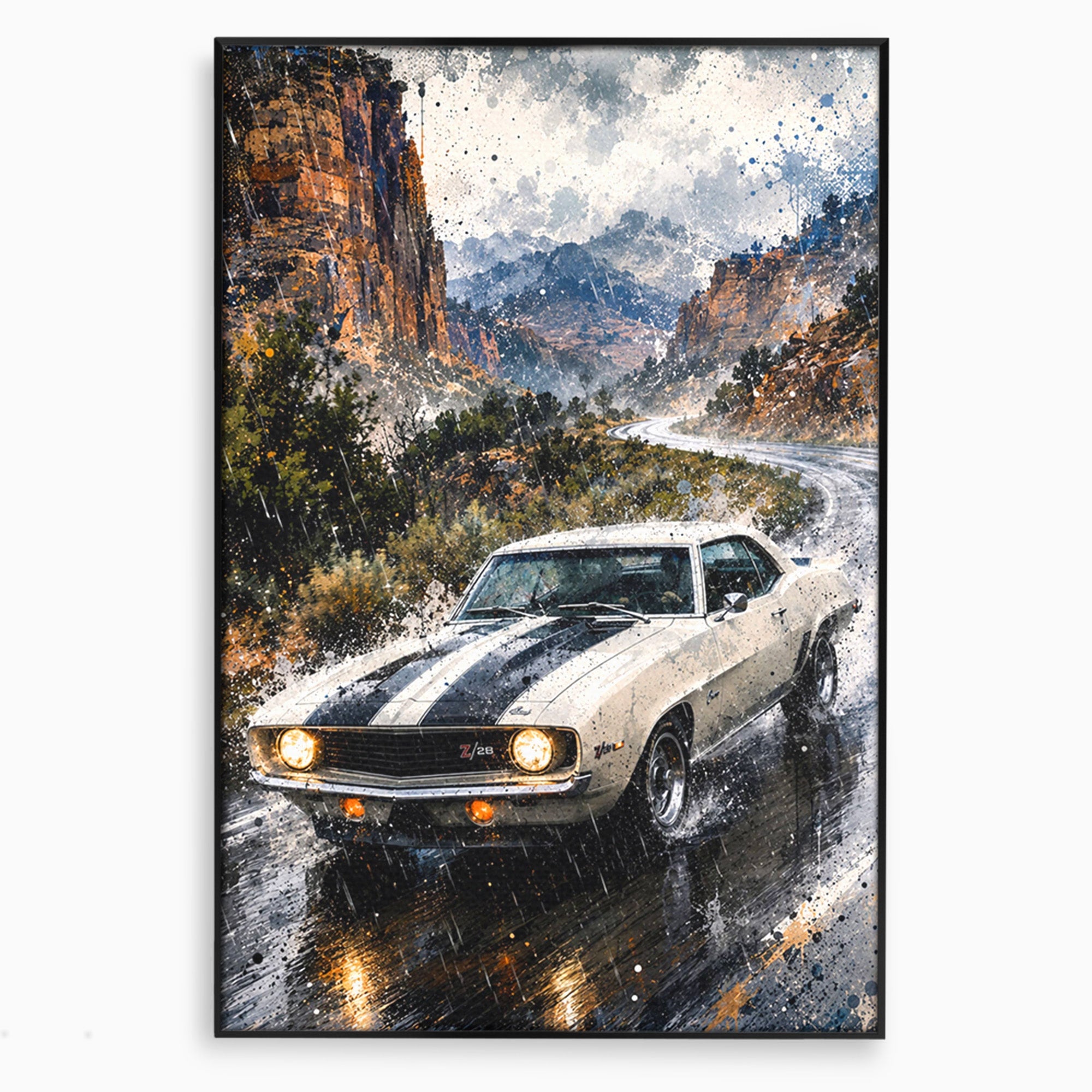 Tablou Canvas Premium LuxCanva® PI1246, Masina In Ploaie, Roti, Ploaie, Peisaj, Retro, Living, Culori Vibrante
