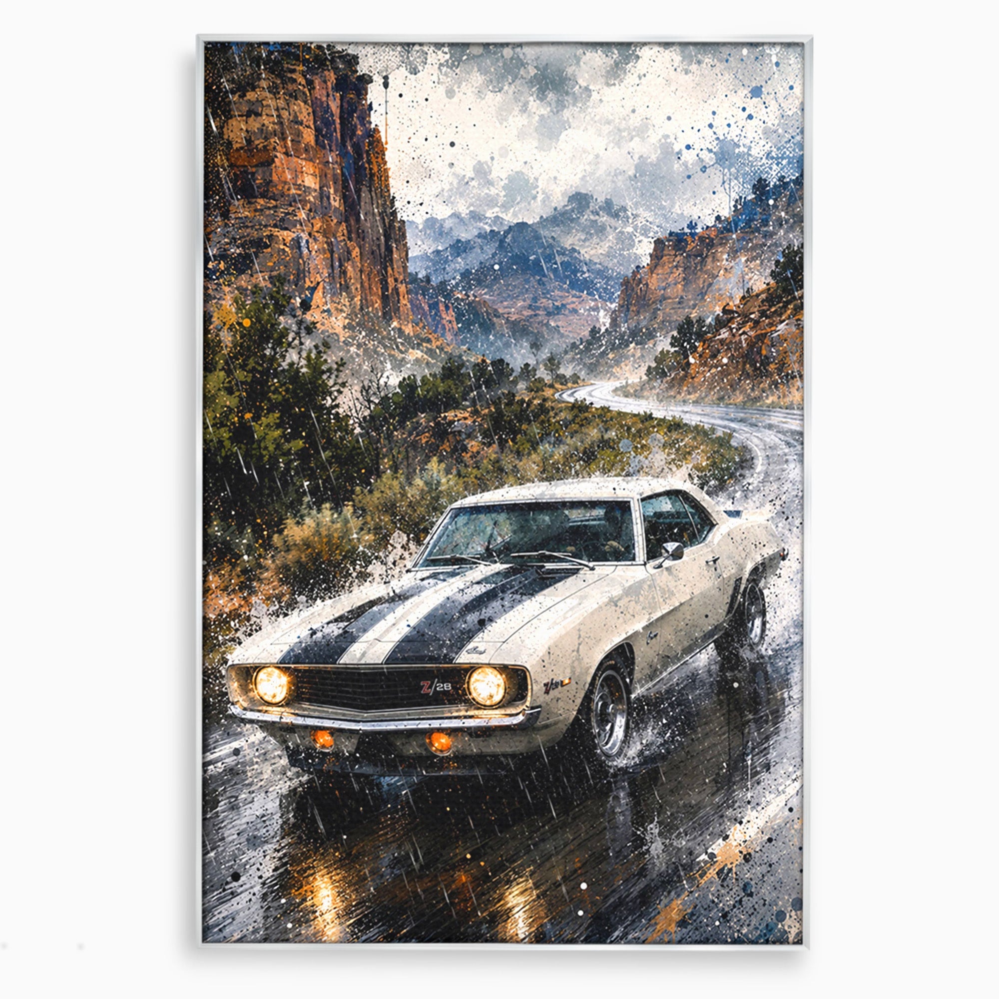 Tablou Canvas Premium LuxCanva® PI1246, Masina In Ploaie, Roti, Ploaie, Peisaj, Retro, Living, Culori Vibrante