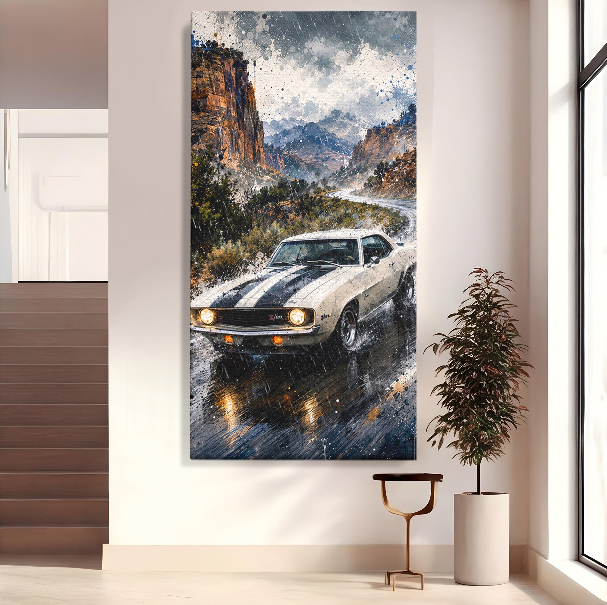 Tablou Canvas Premium LuxCanva® PI1246, Masina In Ploaie, Roti, Ploaie, Peisaj, Retro, Living, Culori Vibrante