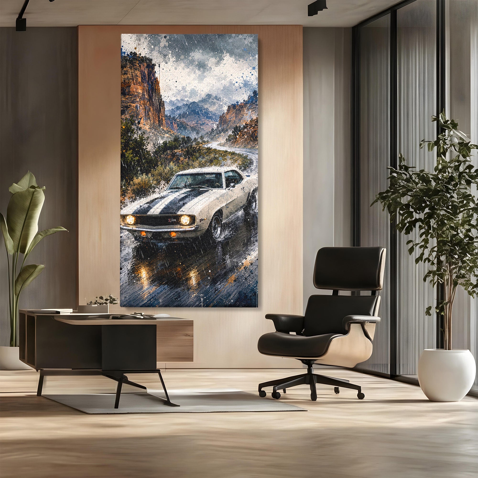 Tablou Canvas Premium LuxCanva® PI1246, Masina In Ploaie, Roti, Ploaie, Peisaj, Retro, Living, Culori Vibrante