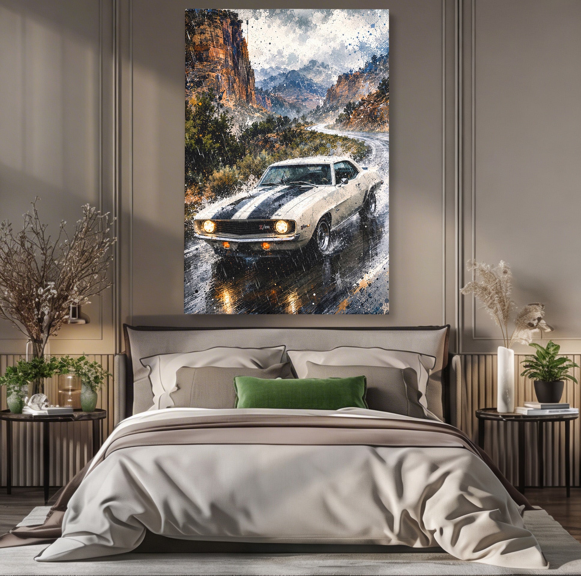 Tablou Canvas Premium LuxCanva® PI1246, Masina In Ploaie, Roti, Ploaie, Peisaj, Retro, Living, Culori Vibrante