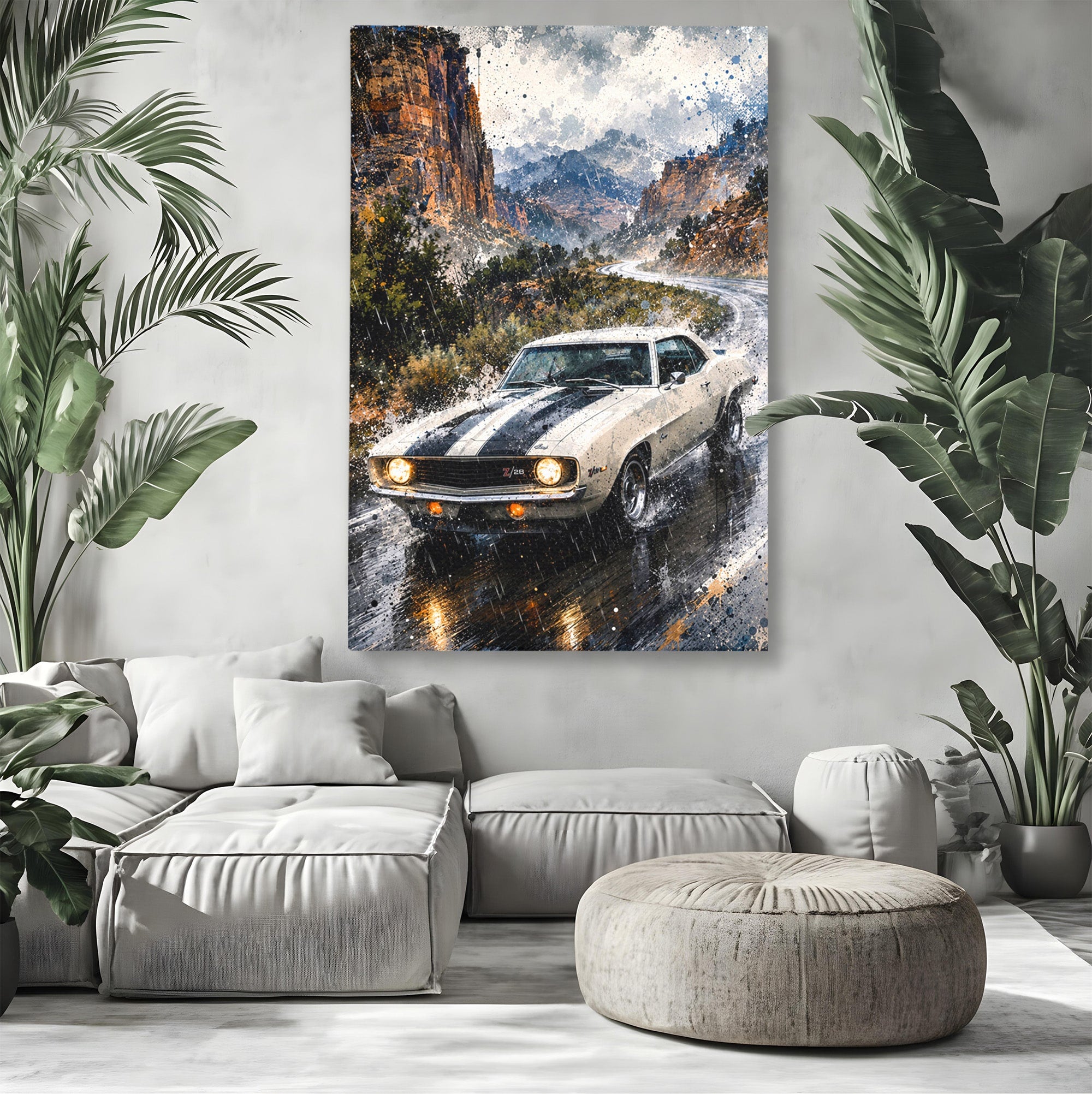 Tablou Canvas Premium LuxCanva® PI1246, Masina In Ploaie, Roti, Ploaie, Peisaj, Retro, Living, Culori Vibrante